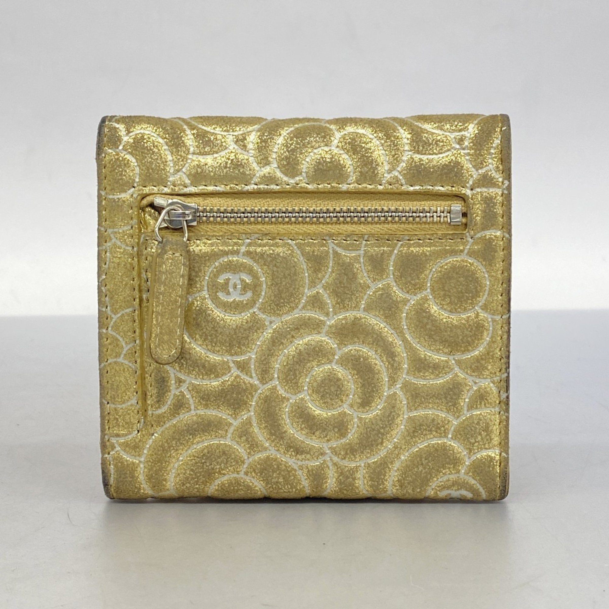 Chanel Tri-fold Wallet Camellia Leather Gold Women's