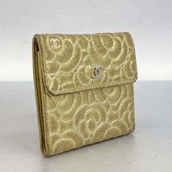 Chanel Tri-fold Wallet Camellia Leather Gold Women's