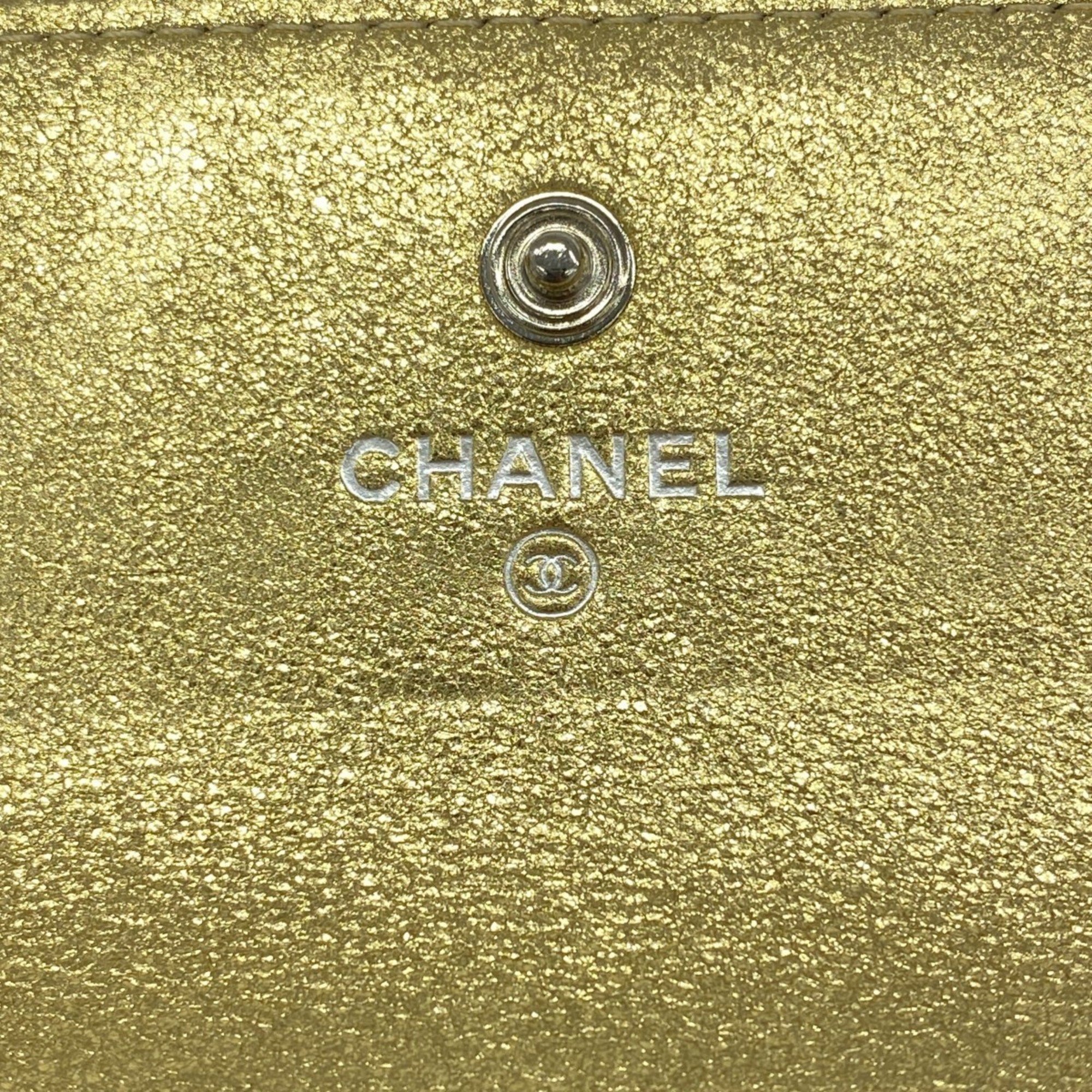 Chanel Tri-fold Wallet Camellia Leather Gold Women's