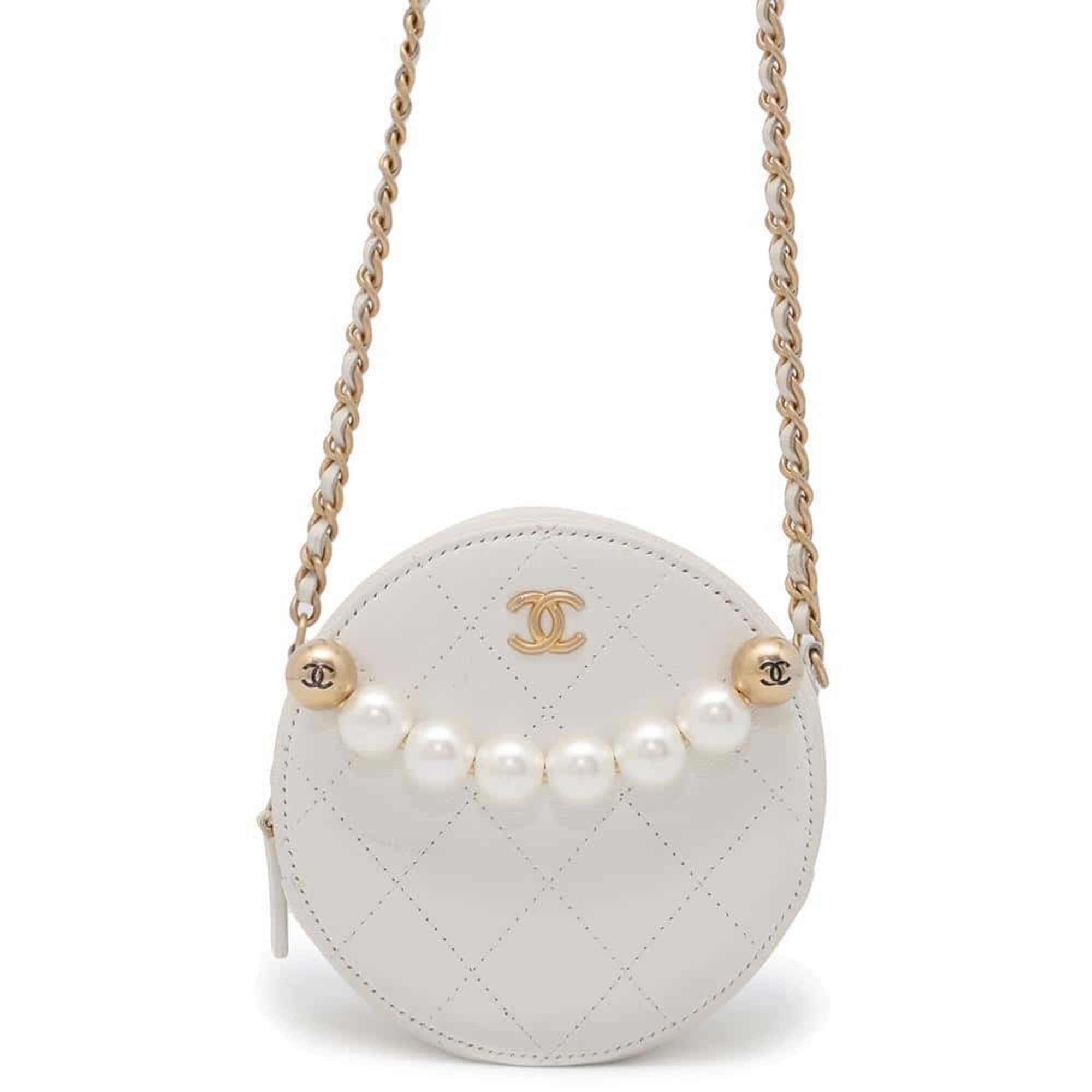 Chanel Chain Shoulder Bag Coco Mark Matelasse Round Lambskin AP0999 CHANEL White