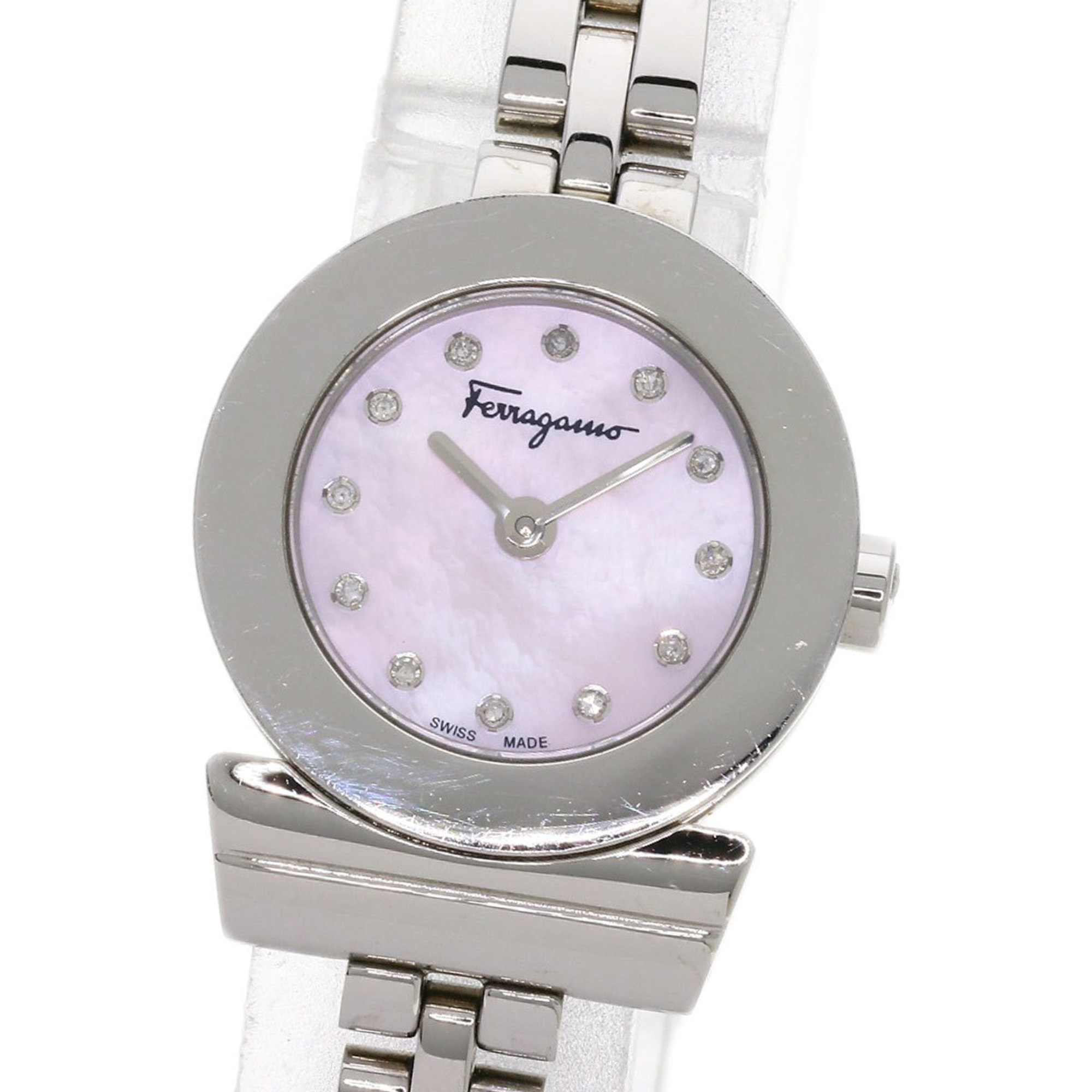 Salvatore Ferragamo Gancini 12P Diamond Watch Stainless Steel SS Ladies