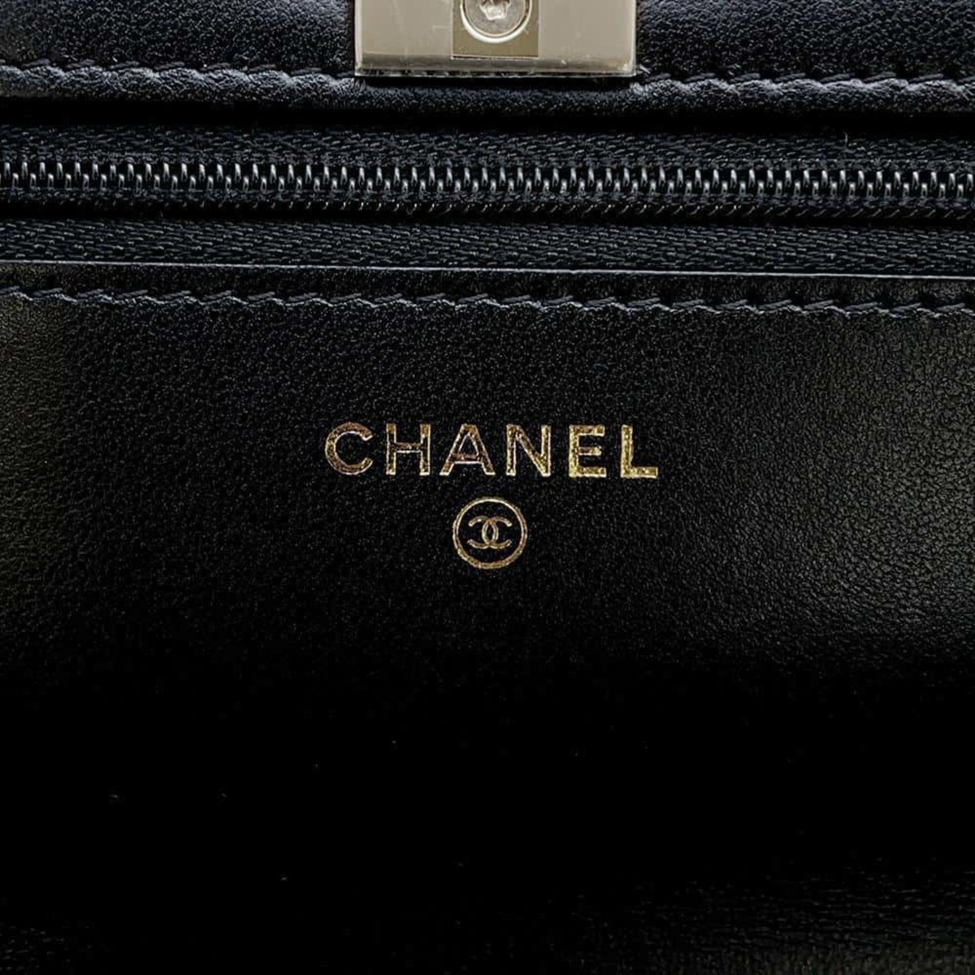 Chanel Chain Wallet Matelasse Coco Mark Costume Pearl Lambskin AP3952 CHANEL Black