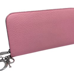 Christian Dior Round Long Wallet Charm Coin Purse Leather Pink Greige Women's Men's