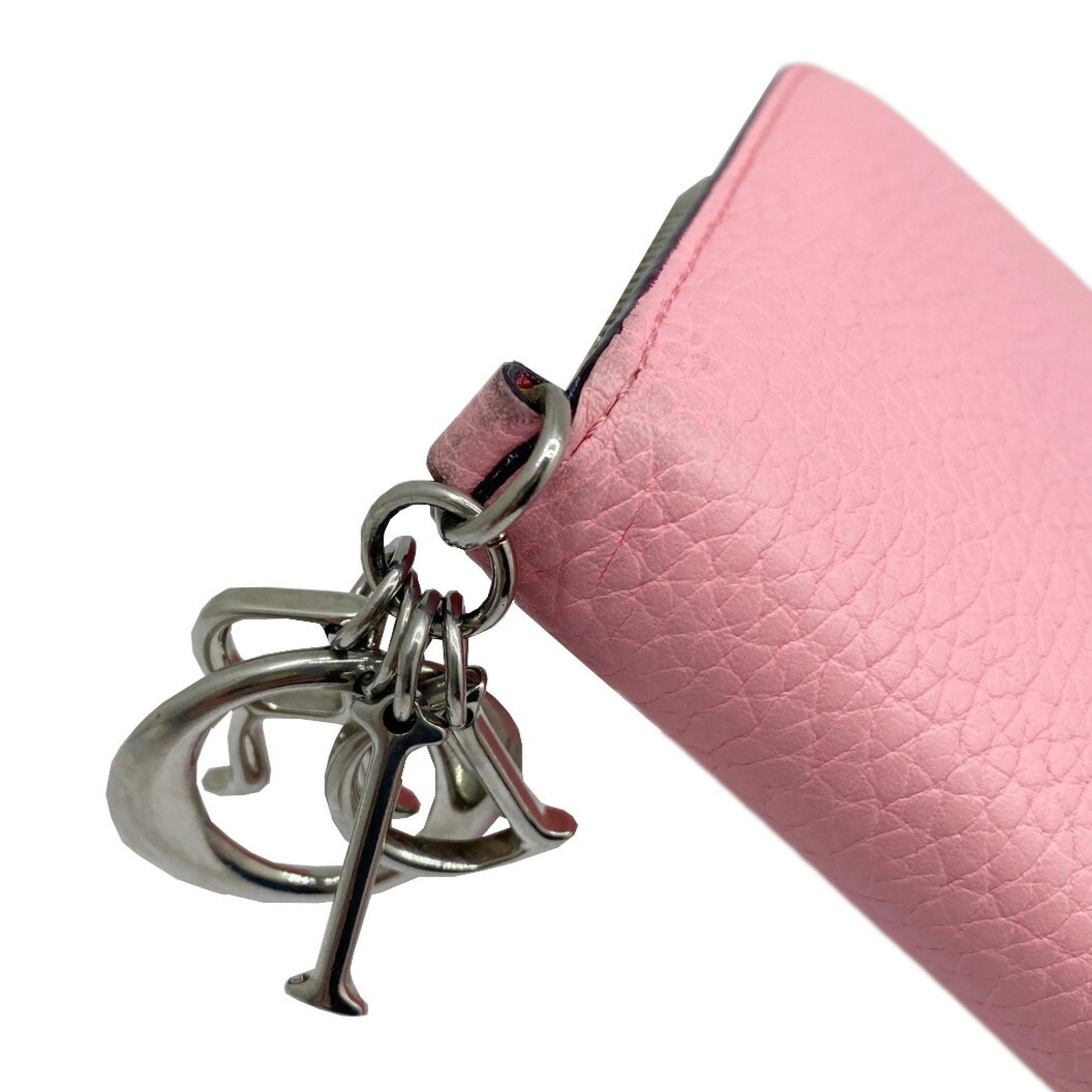 Christian Dior Round Long Wallet Charm Coin Purse Leather Pink Greige Women's Men's