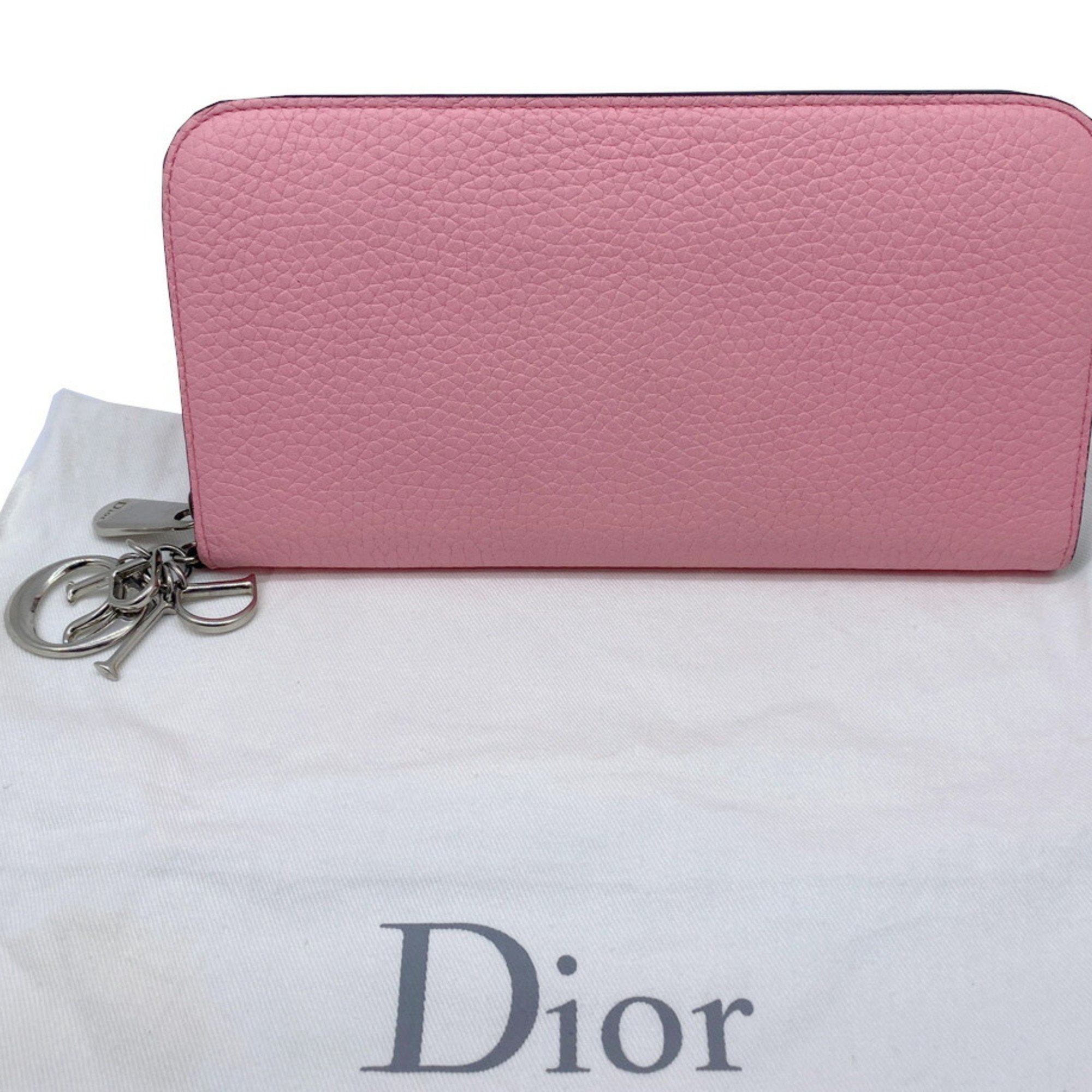 Christian Dior Round Long Wallet Charm Coin Purse Leather Pink Greige Women's Men's