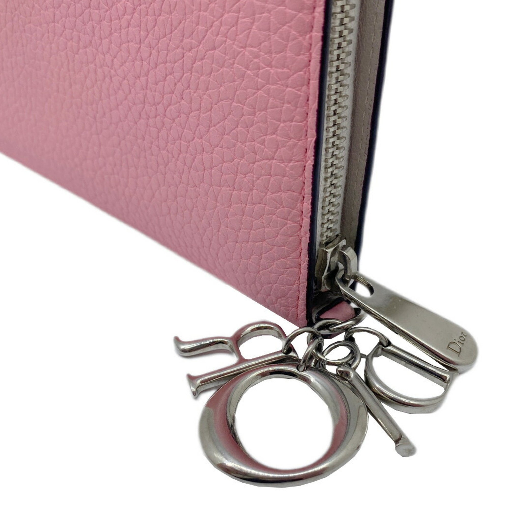 Christian Dior Round Long Wallet Charm Coin Purse Leather Pink Greige Women's Men's