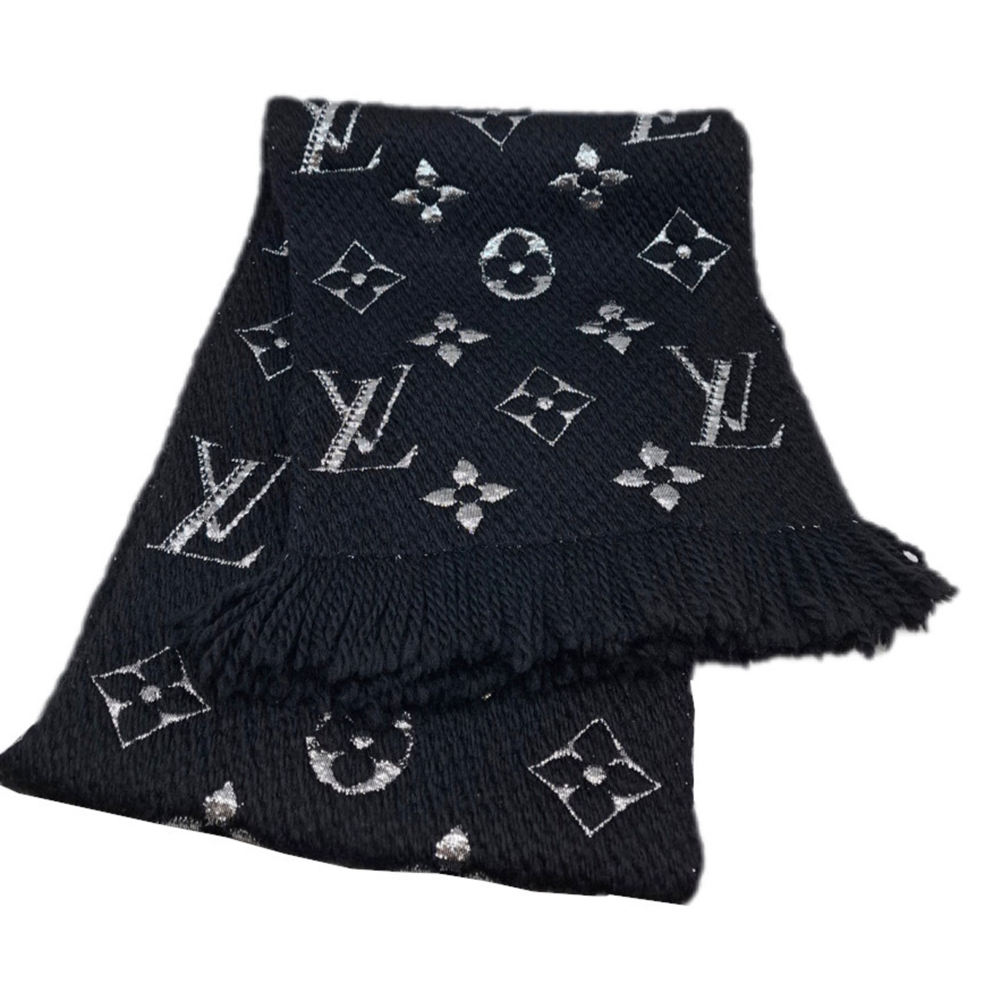 LOUIS VUITTON Louis Vuitton Echarpe Mania Shine Wool Black Silver M75833 Scarf Stole Men Women