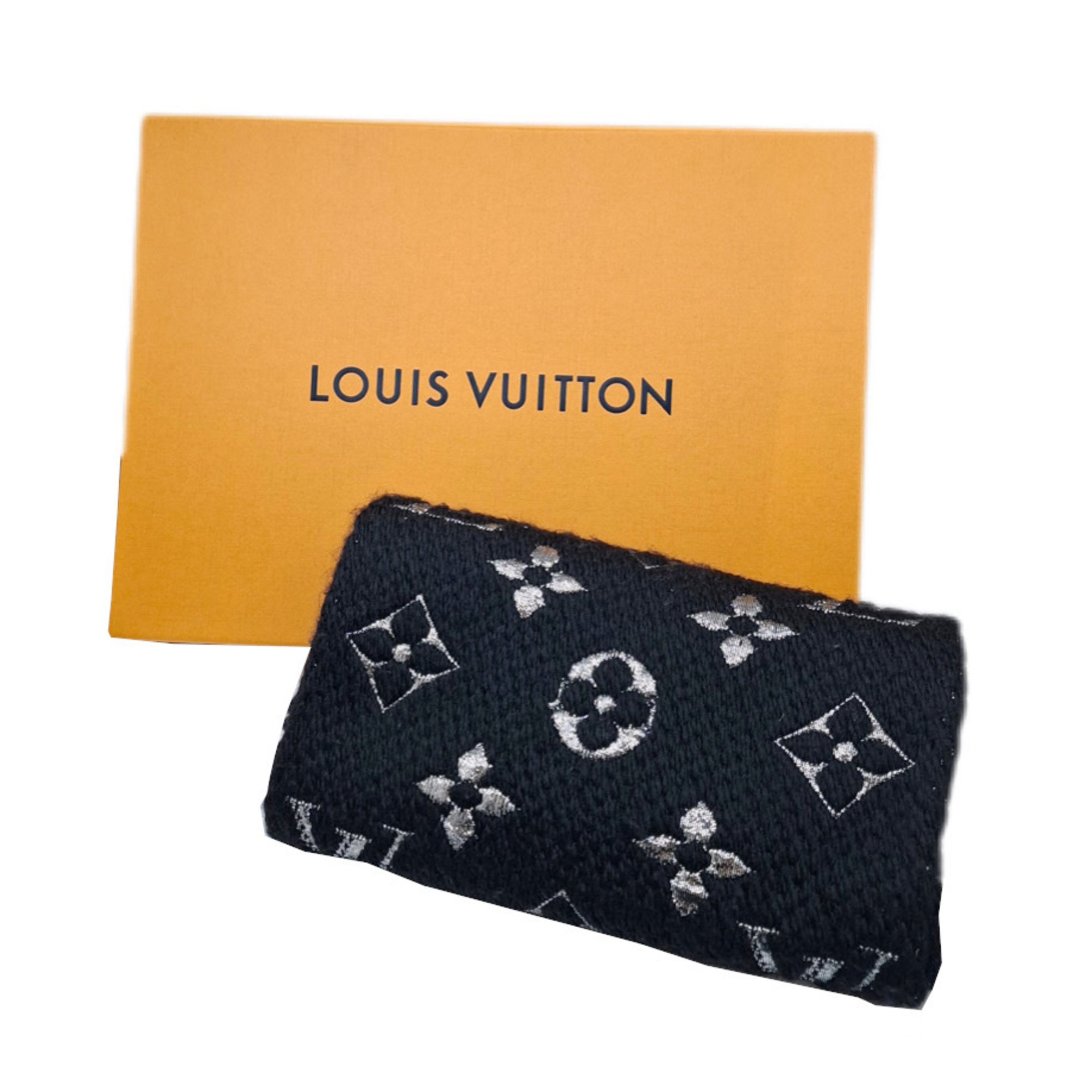 LOUIS VUITTON Louis Vuitton Echarpe Mania Shine Wool Black Silver M75833 Scarf Stole Men Women