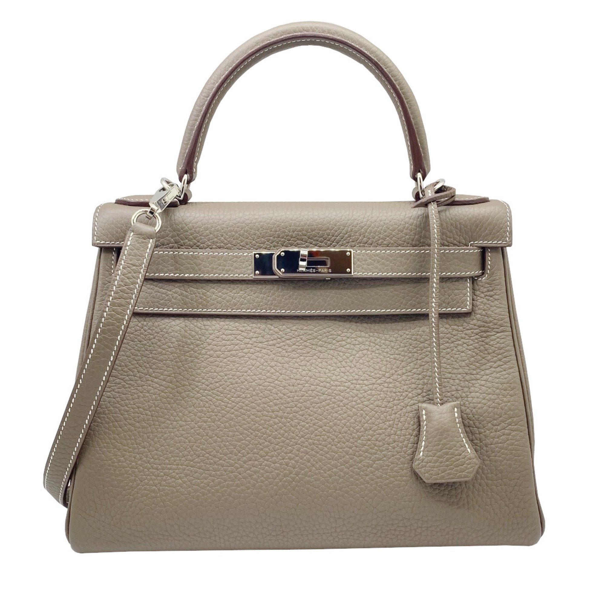 HERMES Kelly 28 Taurillon Etoupe Handbag Tote Shoulder Clemence Leather Inner Stitching R□ Stamp 2014 Women's