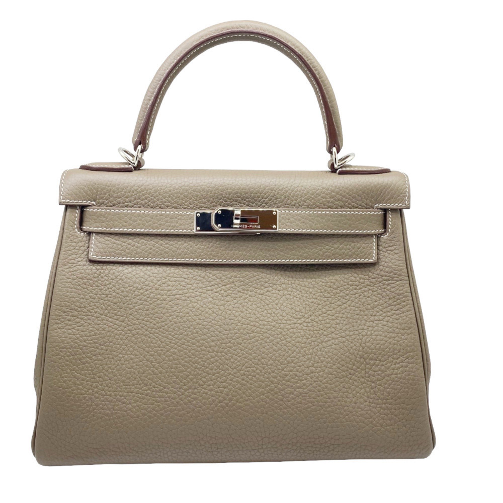 HERMES Kelly 28 Taurillon Etoupe Handbag Tote Shoulder Clemence Leather Inner Stitching R□ Stamp 2014 Women's