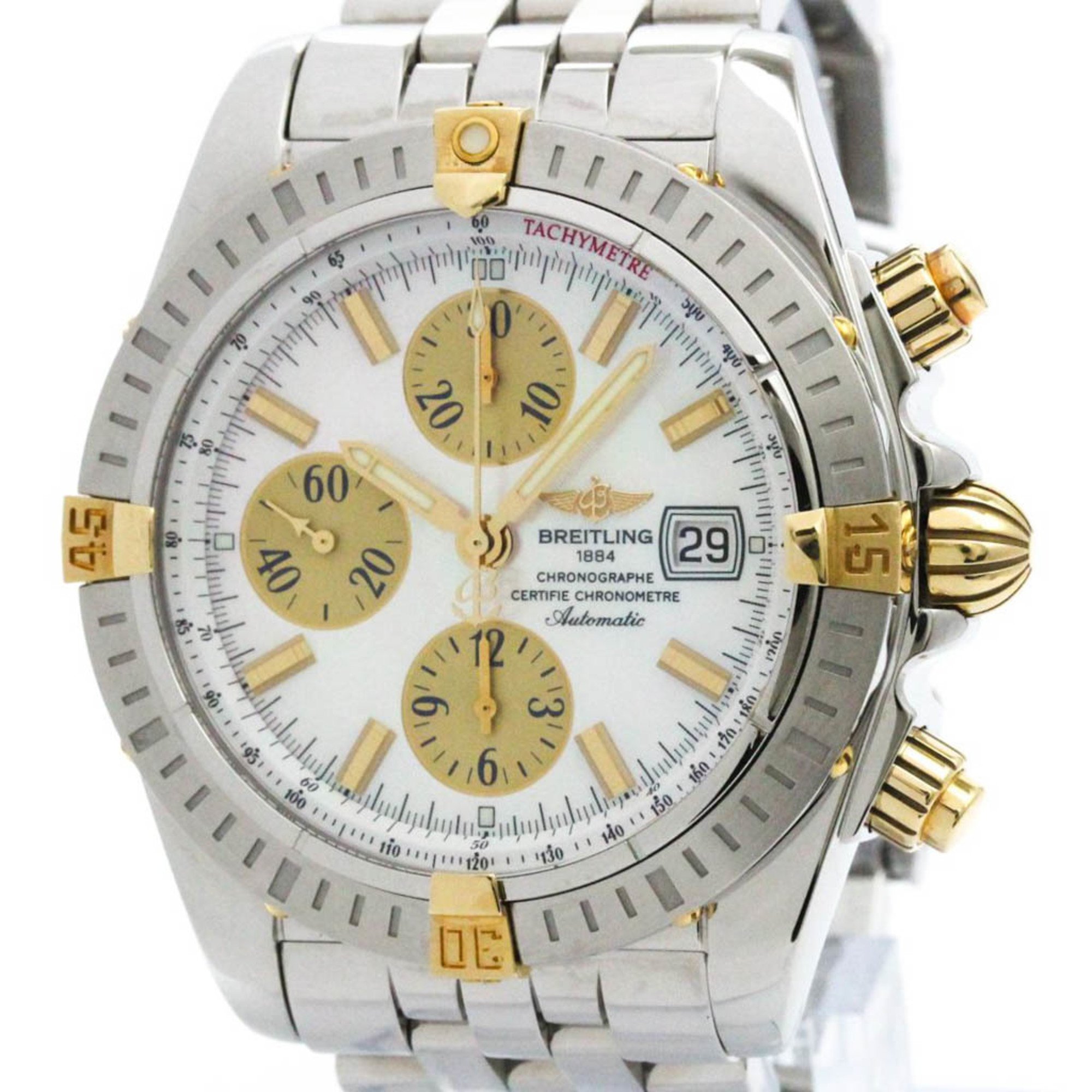 Polished BREITLING Chronomat Evolution 18K Gold Steel Mens Watch B13356 BF577484