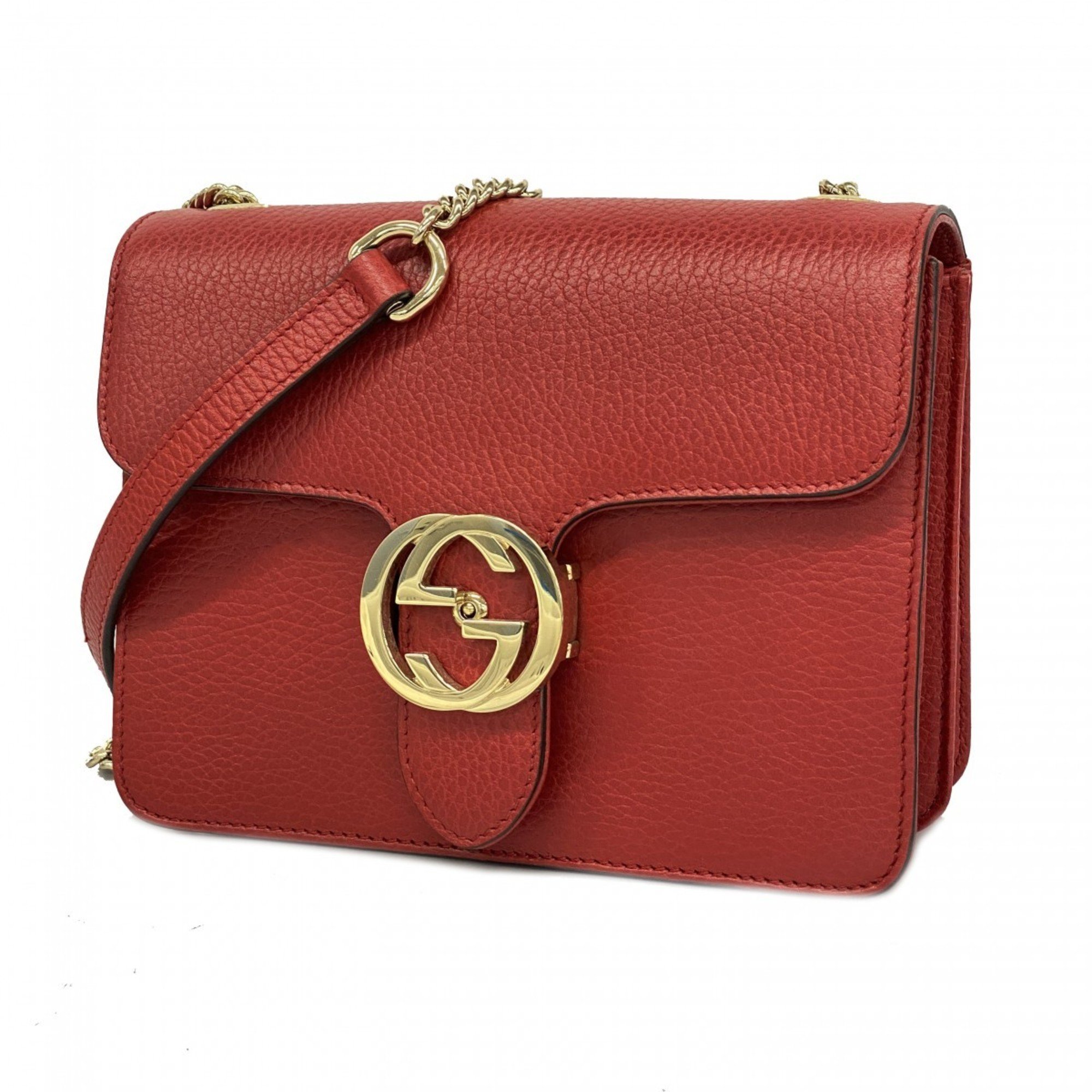 Gucci Shoulder Bag Interlocking G 510304 Leather Red Champagne Women's