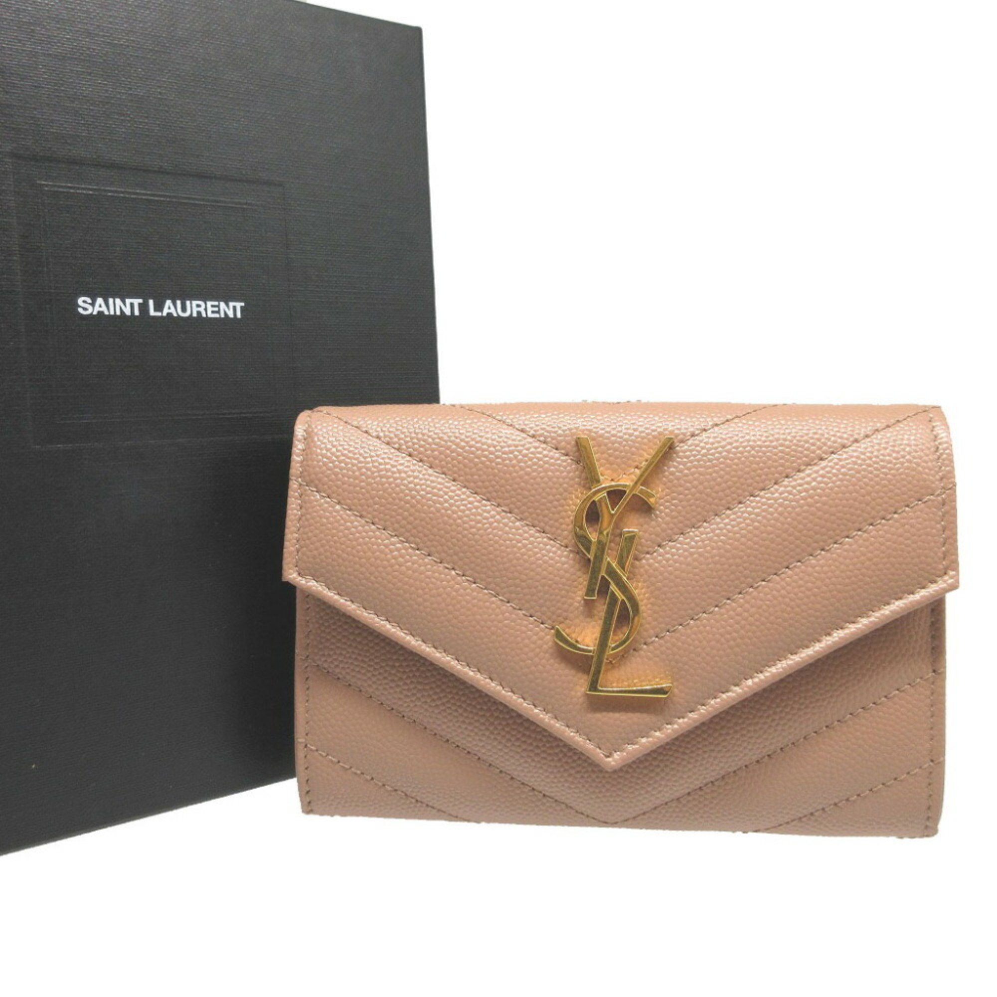 Yves Saint Laurent Saint Laurent Paris 414404 Cassandra Leather Pink Beige Card Case Wallet 0859SAINT LAURENT PARIS