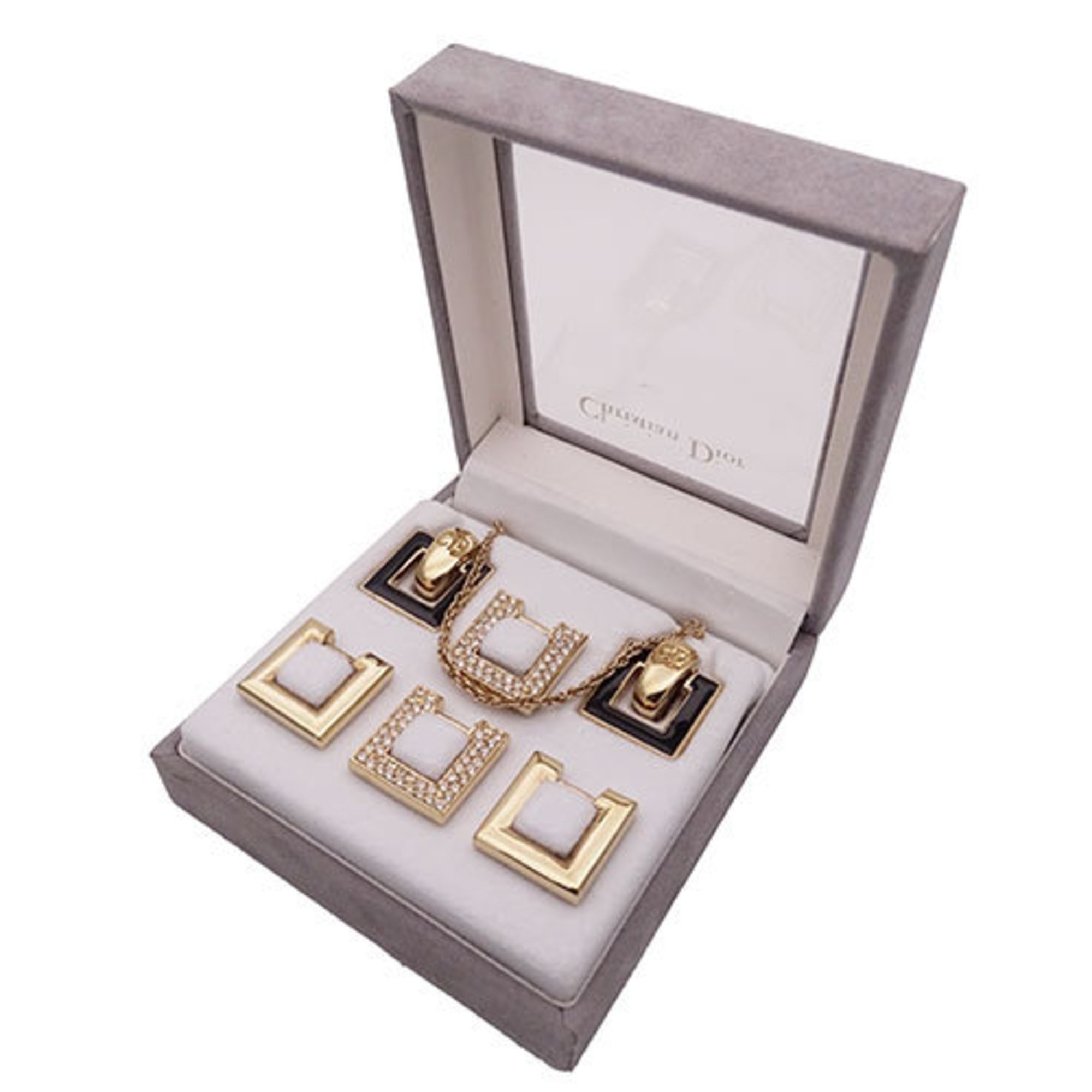 Christian Dior Dior Women's Earring Set Rhinestone Gold Square Necklace Included Interchangeable