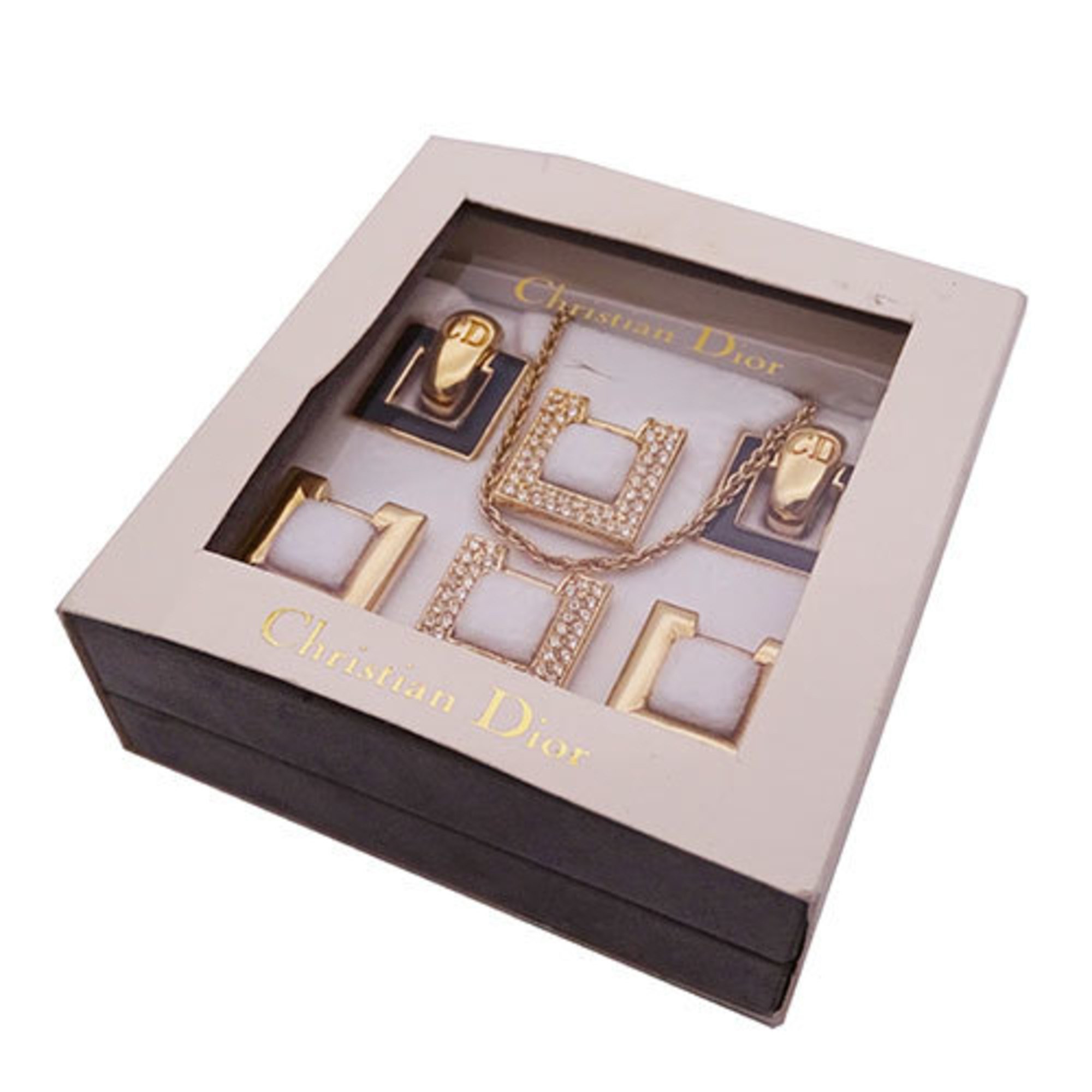 Christian Dior Dior Women's Earring Set Rhinestone Gold Square Necklace Included Interchangeable