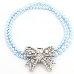 Miu Miu Miu choker ribbon motif blue silver metal crystal fake pearl necklace pendant bijou ladies double MIU