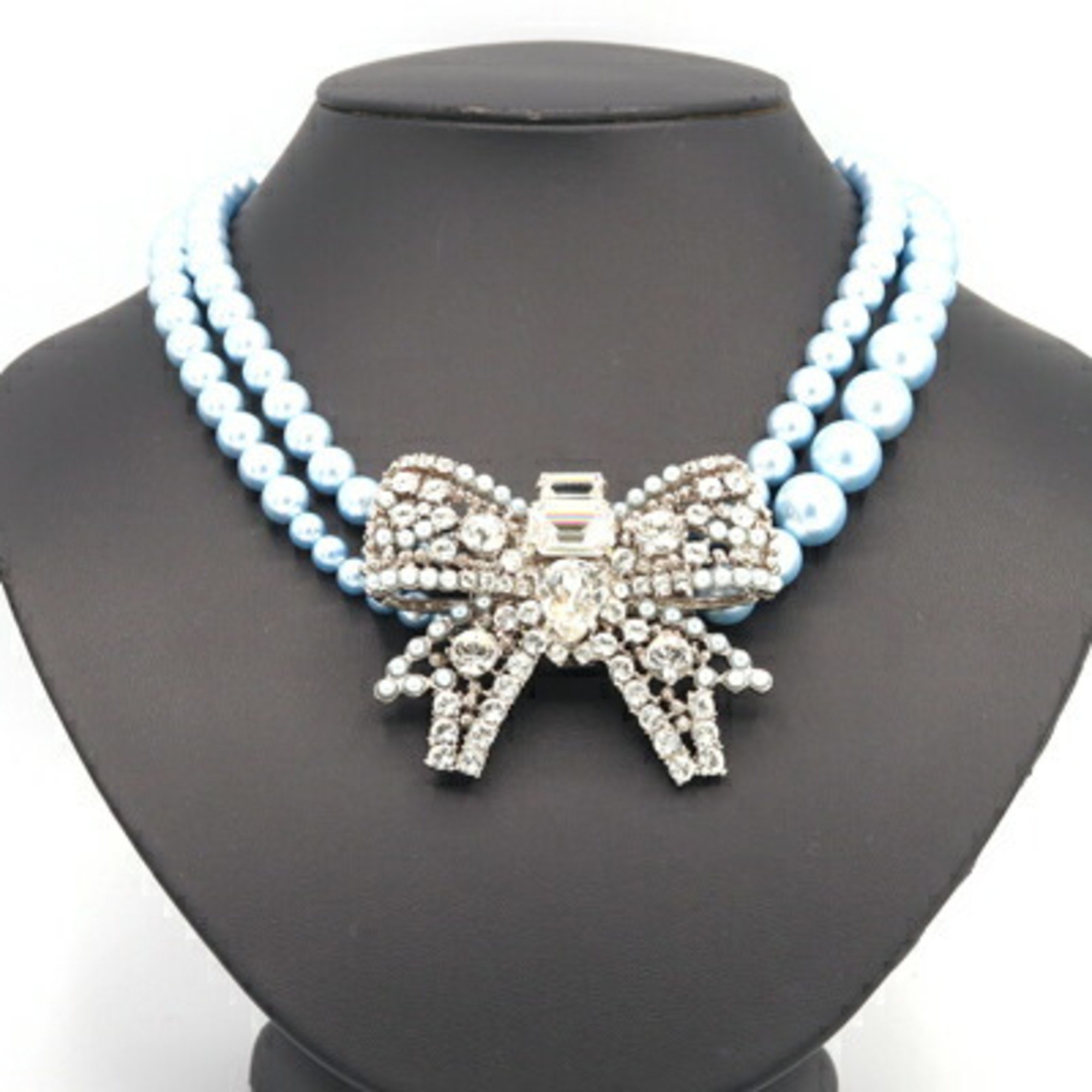 Miu Miu Miu choker ribbon motif blue silver metal crystal fake pearl necklace pendant bijou ladies double MIU