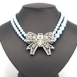 Miu Miu Miu choker ribbon motif blue silver metal crystal fake pearl necklace pendant bijou ladies double MIU