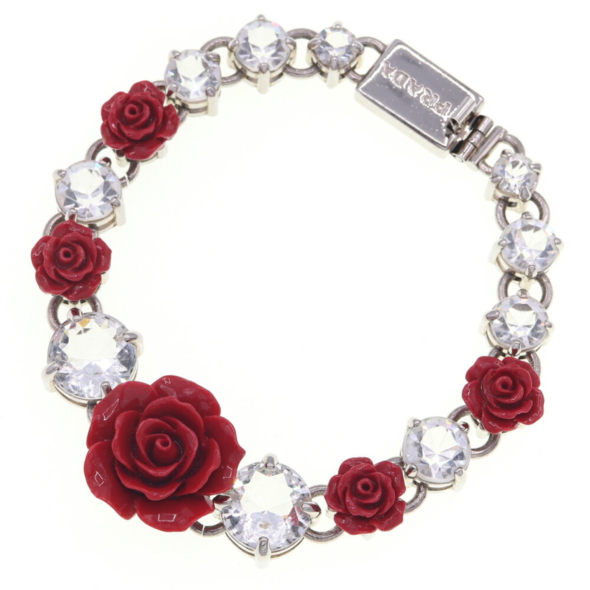 Prada Bracelet Rose 1AJJ30 Red Silver Metal Crystal Stone Bijoux Women's Flower Bangle PRADA