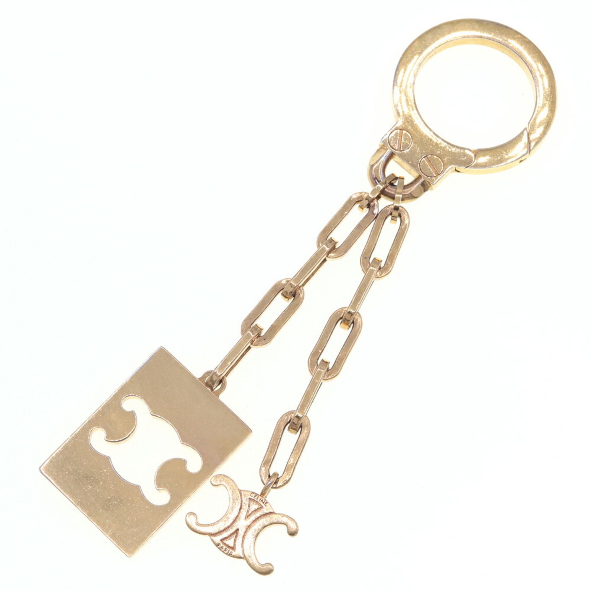 Celine Keyring Triomphe Gold Metal Plate Old Bag Women's Charm Keychain CELINE