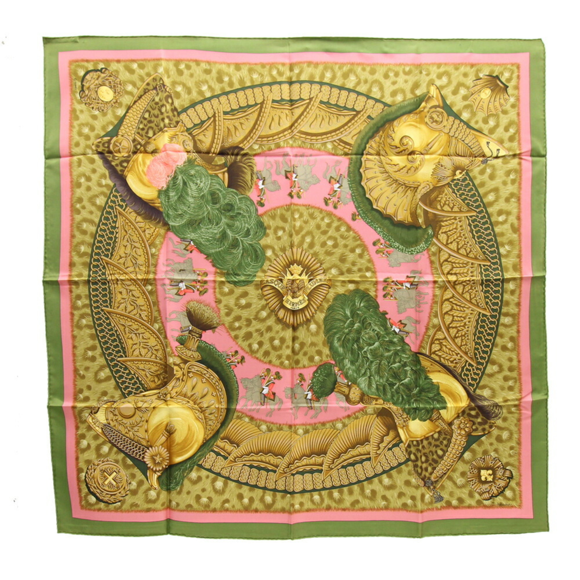 Hermes Scarf Carre 90 Faceless Helmet CASQUES et PLUMETS Green Gold Multicolor 100% Silk Stole Muffler Women's HERMES