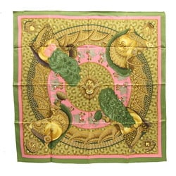 Hermes Scarf Carre 90 Faceless Helmet CASQUES et PLUMETS Green Gold Multicolor 100% Silk Stole Muffler Women's HERMES