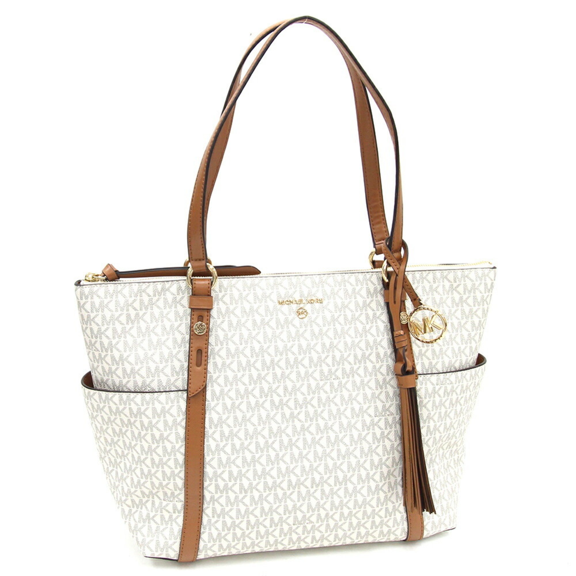 Michael Kors Tote Bag Nomad 30T0GNXT9B White Brown PVC Leather Shoulder Tassel Women's MICHAEL KORS