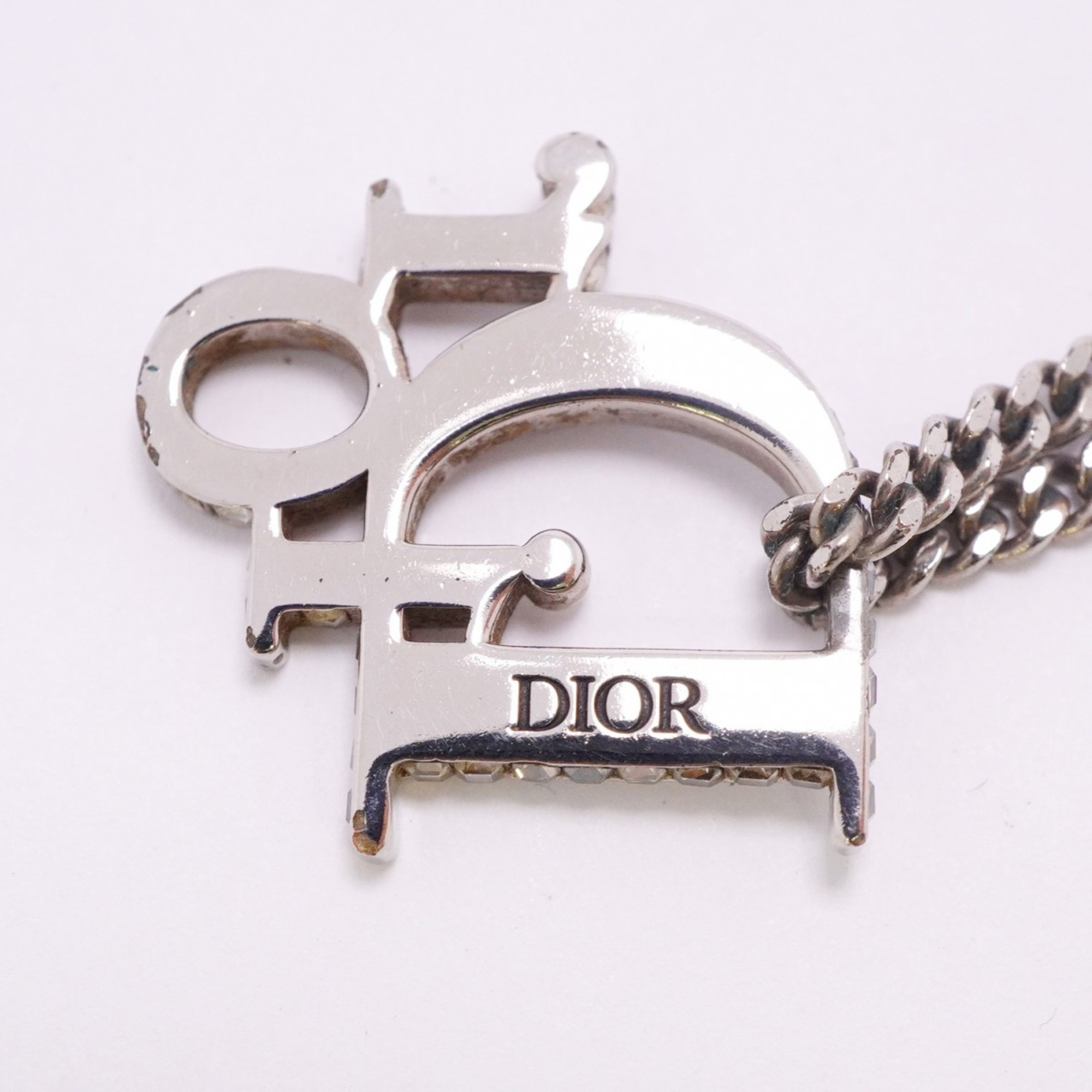 Christian Dior Necklace Rhinestone Metal Silver Ladies