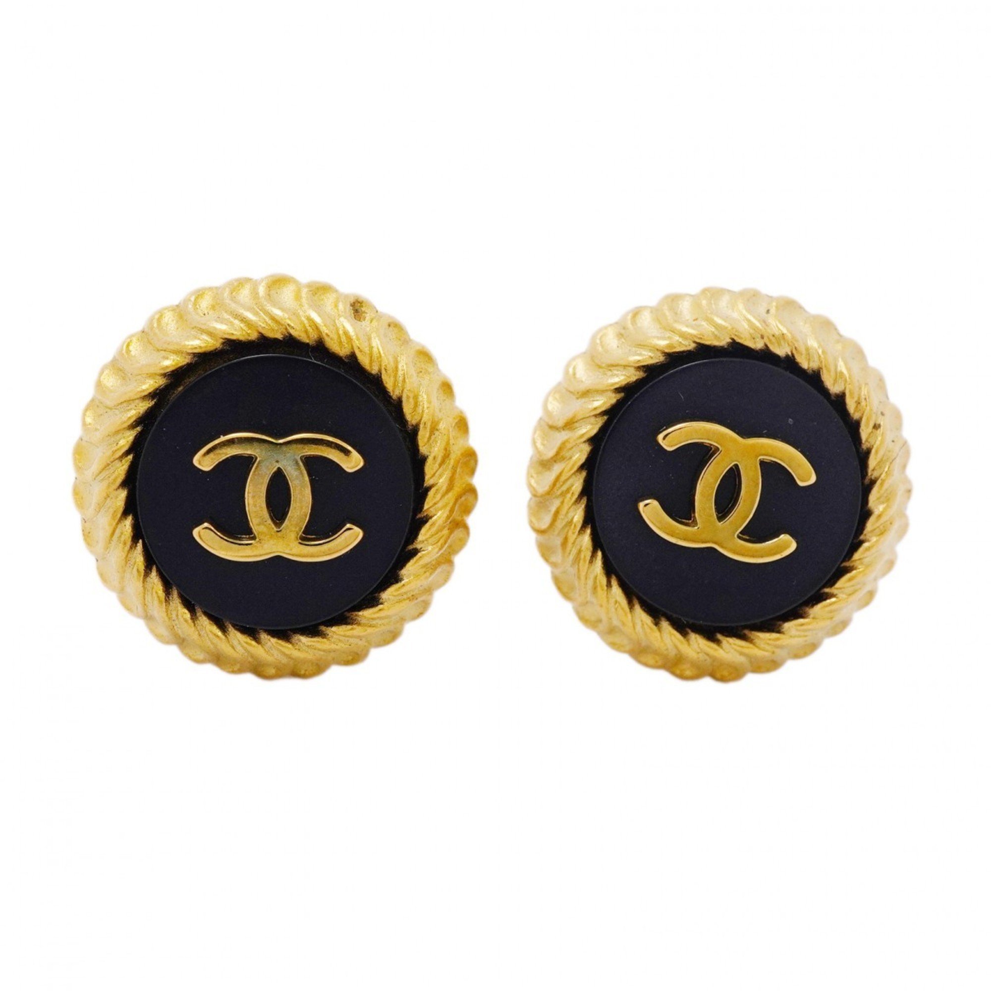 Chanel Earrings Coco Mark Circle GP Plated Gold Black Ladies