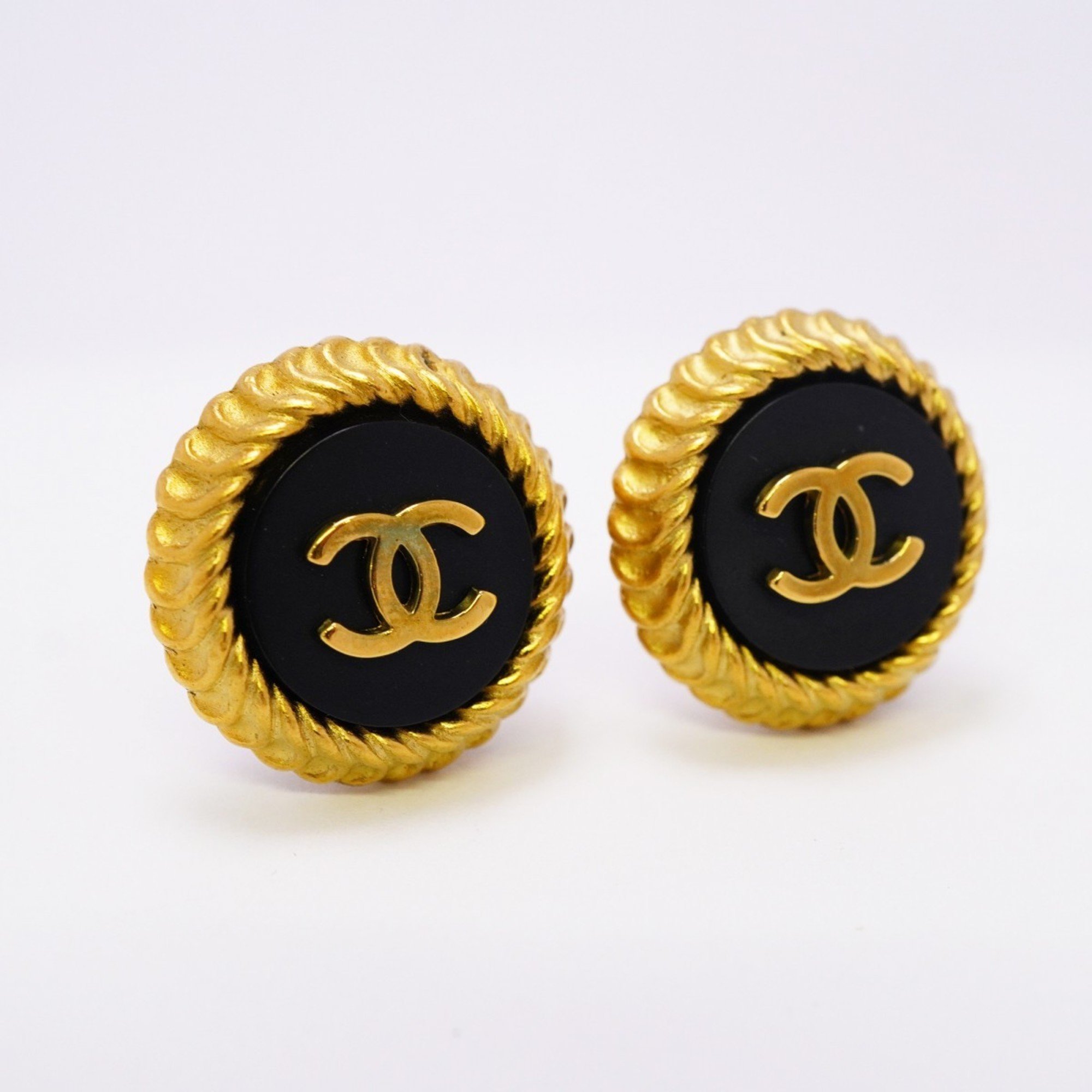 Chanel Earrings Coco Mark Circle GP Plated Gold Black Ladies