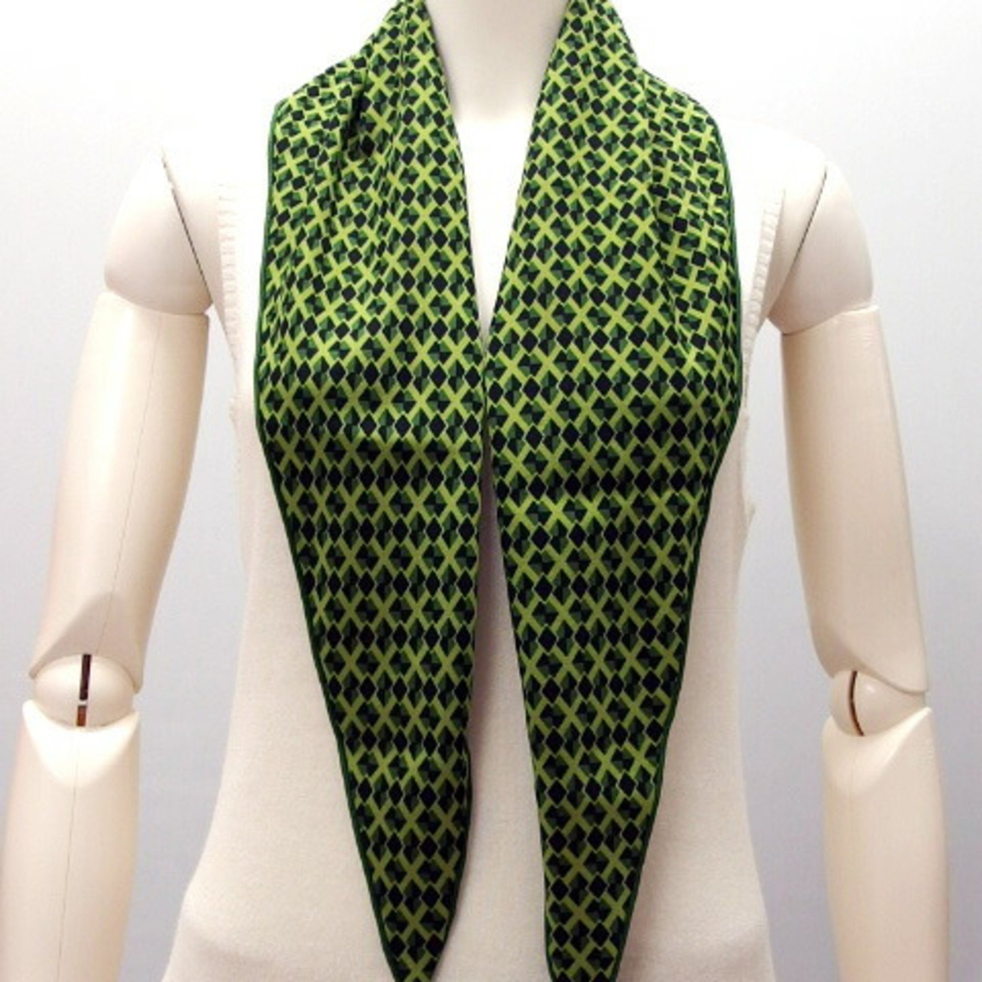 Hermes Rosange Geometric Diamond Silk Scarf Muffler Green x Yellow Black