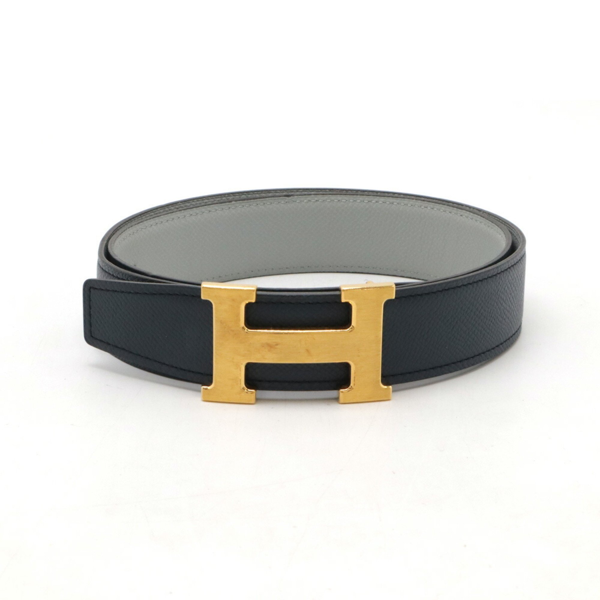 HERMES Constance H Belt, reversible leather, navy, light grey, #85, C stamp