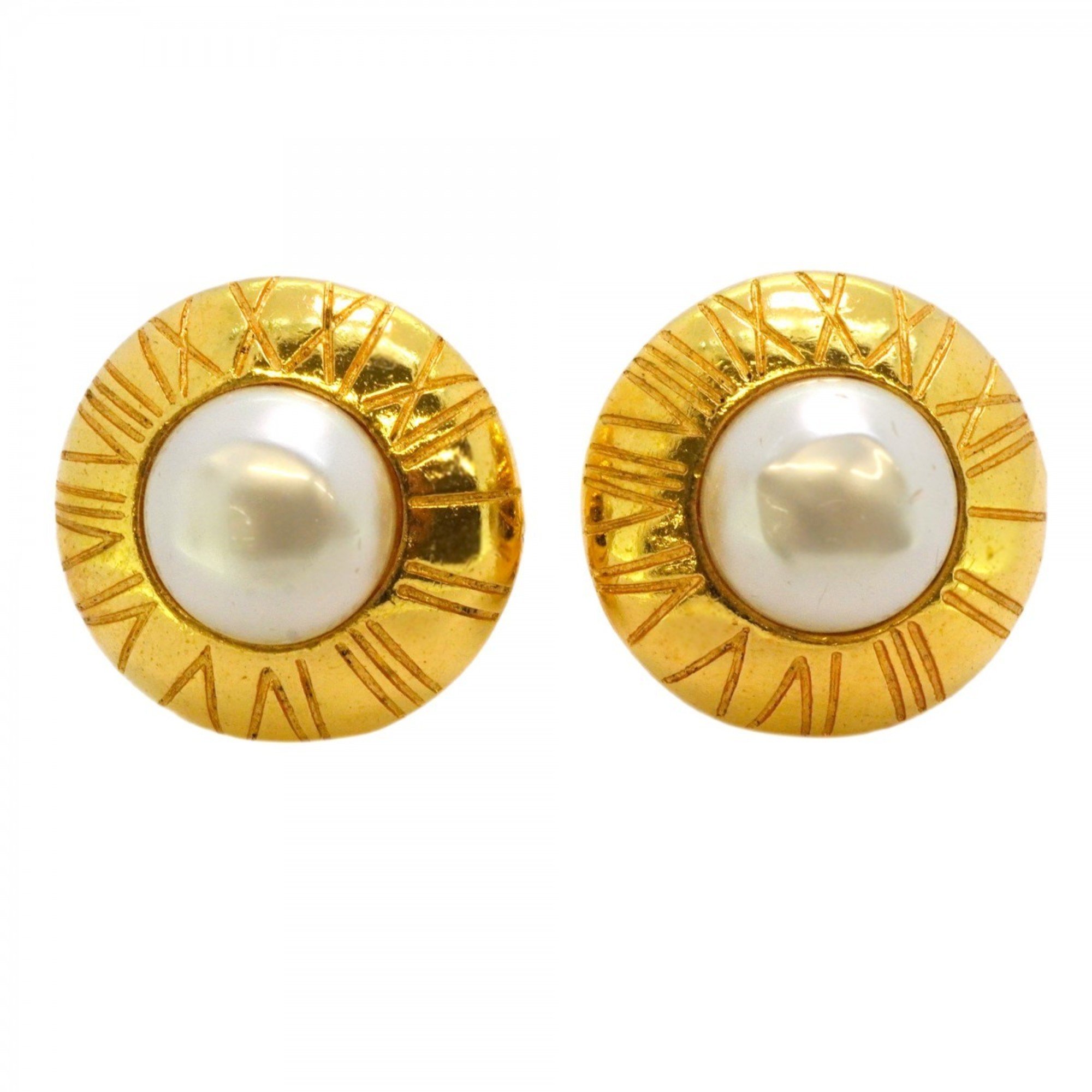 Chanel Earrings Circle Faux Pearl GP Plated Gold for Women