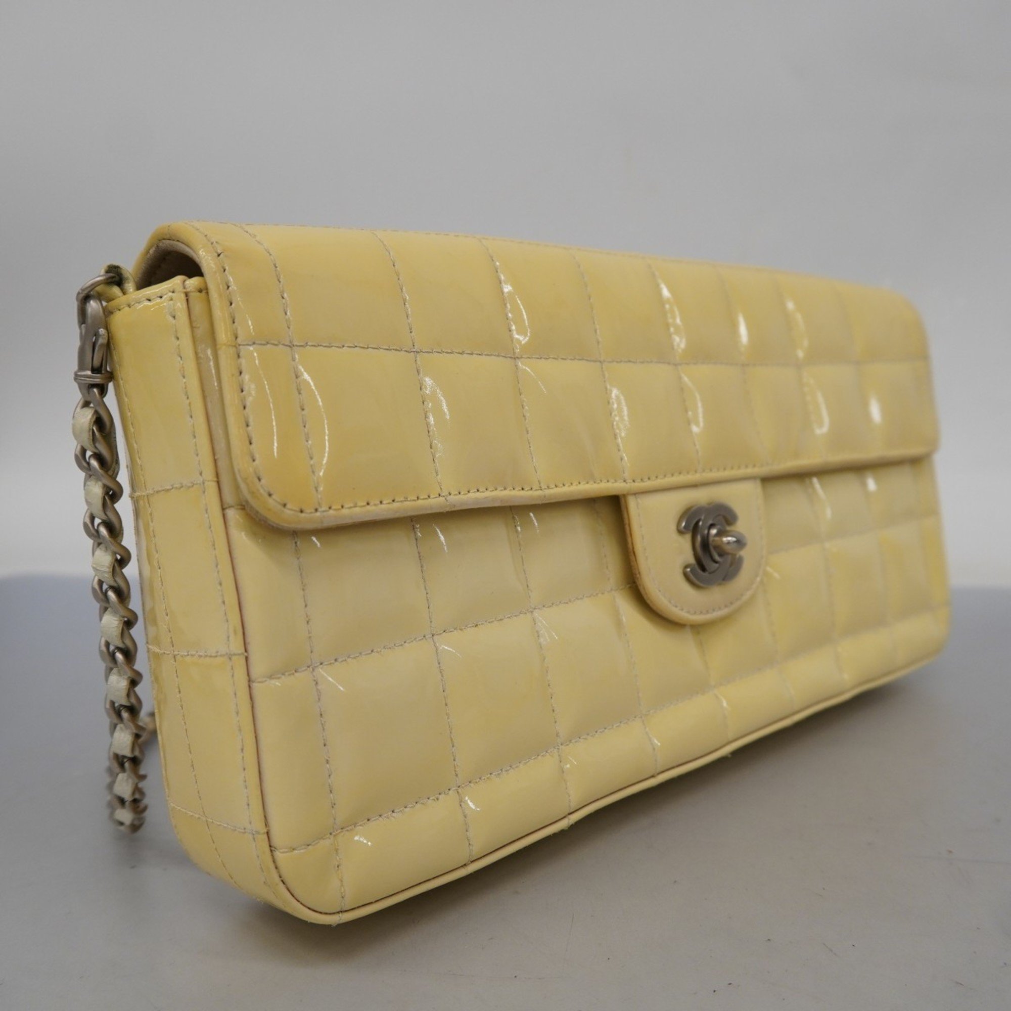 Chanel Shoulder Bag Chocolate Bar Patent Leather Yellow Women's