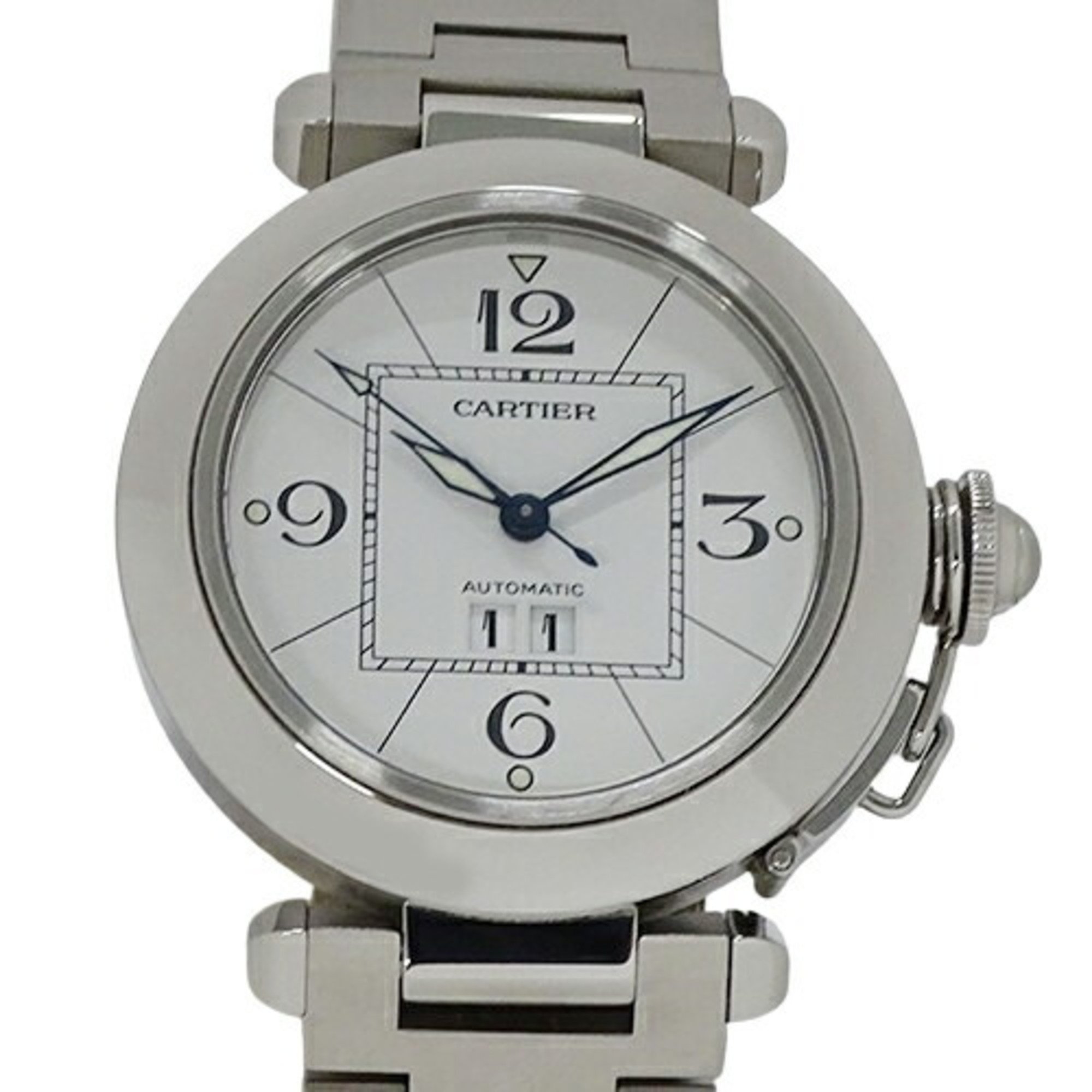 Cartier Pasha C Big Date Automatic Watch for Boys AT Stainless Steel SS W31055M7 Silver White Polished