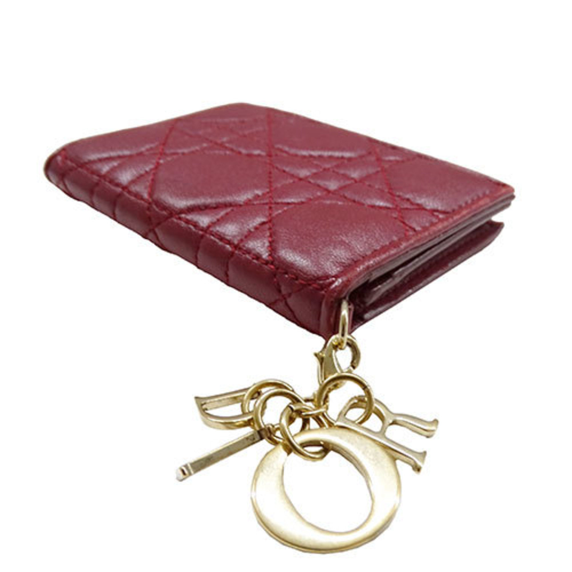 Christian Dior Dior Card Case for Women and Men, Cannage Leather, Wine Red, Compact