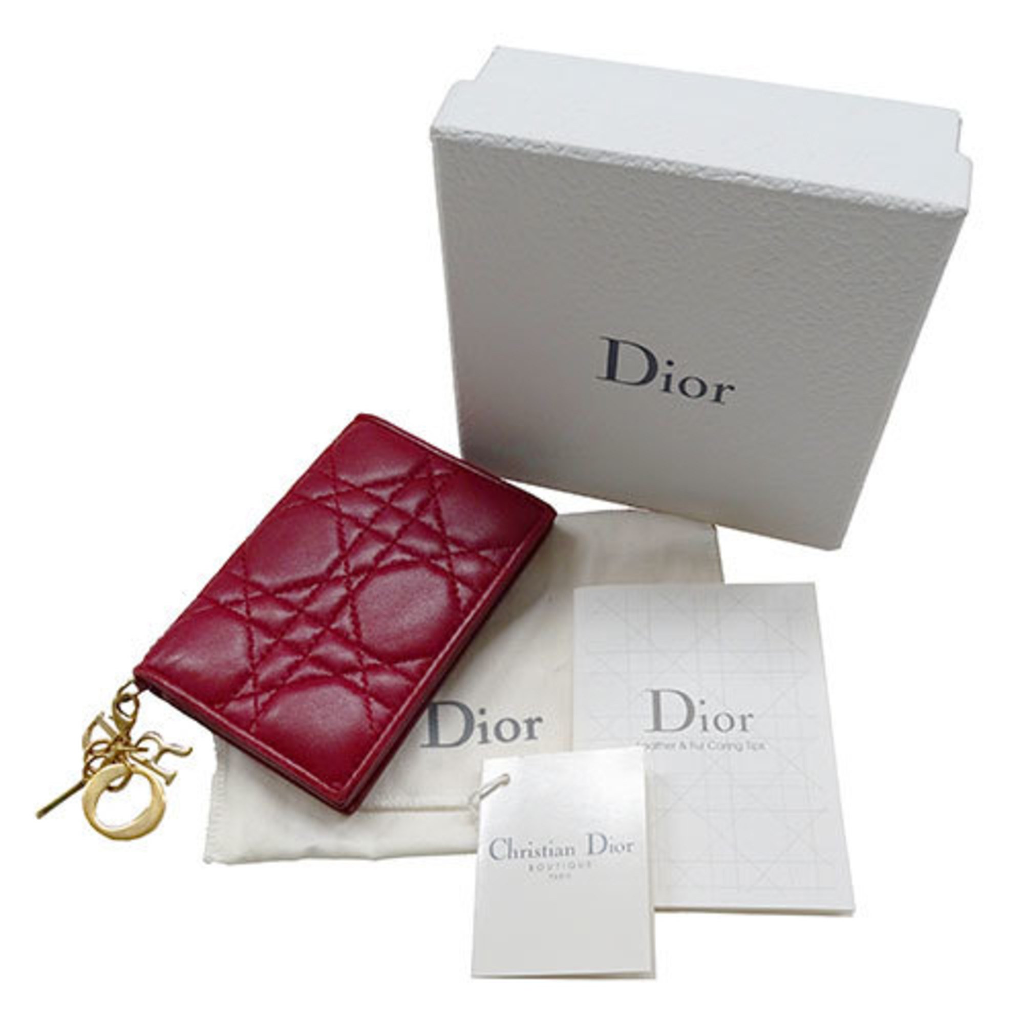 Christian Dior Dior Card Case for Women and Men, Cannage Leather, Wine Red, Compact