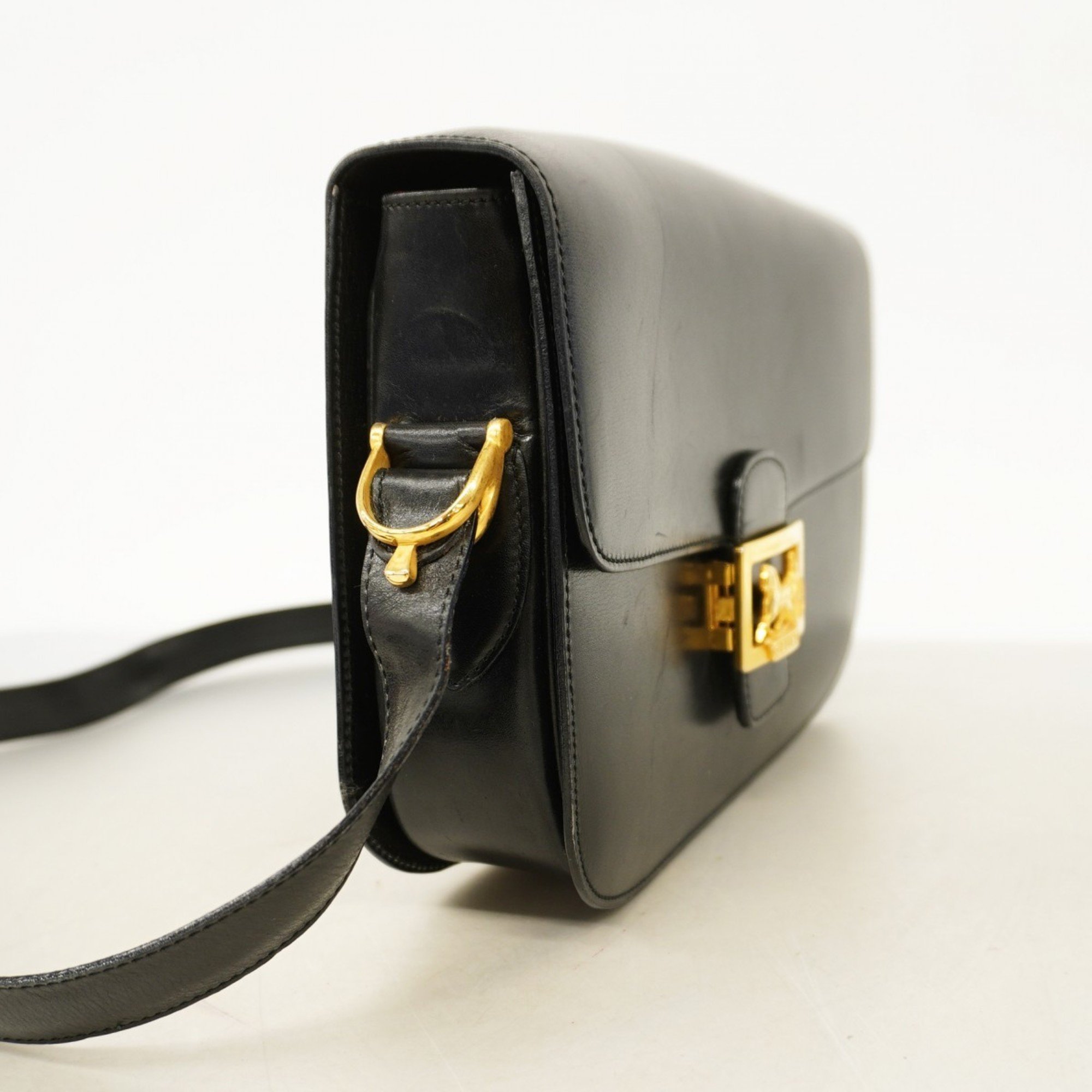 Celine Shoulder Bag, Carriage Hardware, Leather, Black, Women's