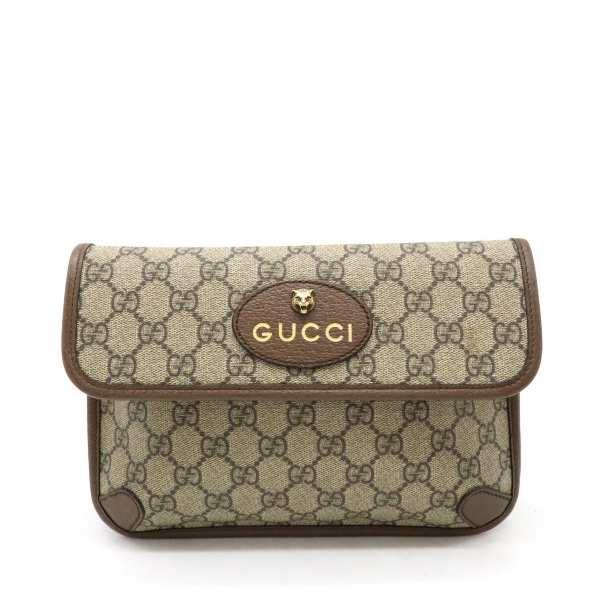 GUCCI GG Supreme Metal Cat Head Shelly Line Body Bag Waist PVC Leather Khaki Beige Mocha Brown 493930