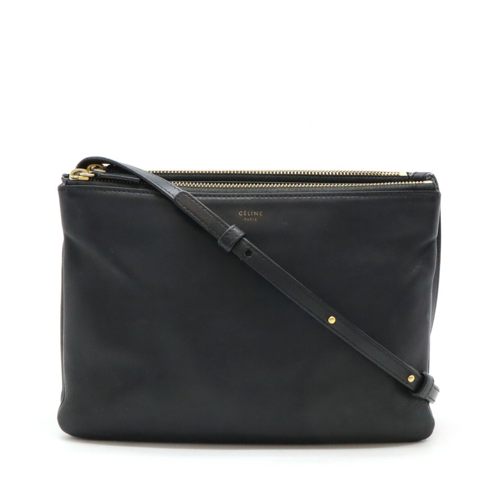 CELINE Trio Large Shoulder Bag Pochette Pouch Lambskin Leather Black 171453