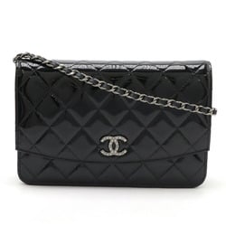 CHANEL Brilliant Matelasse Chain Wallet, Shoulder Pochette, Enamel Leather, Black 8692