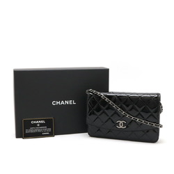 CHANEL Brilliant Matelasse Chain Wallet, Shoulder Pochette, Enamel Leather, Black 8692