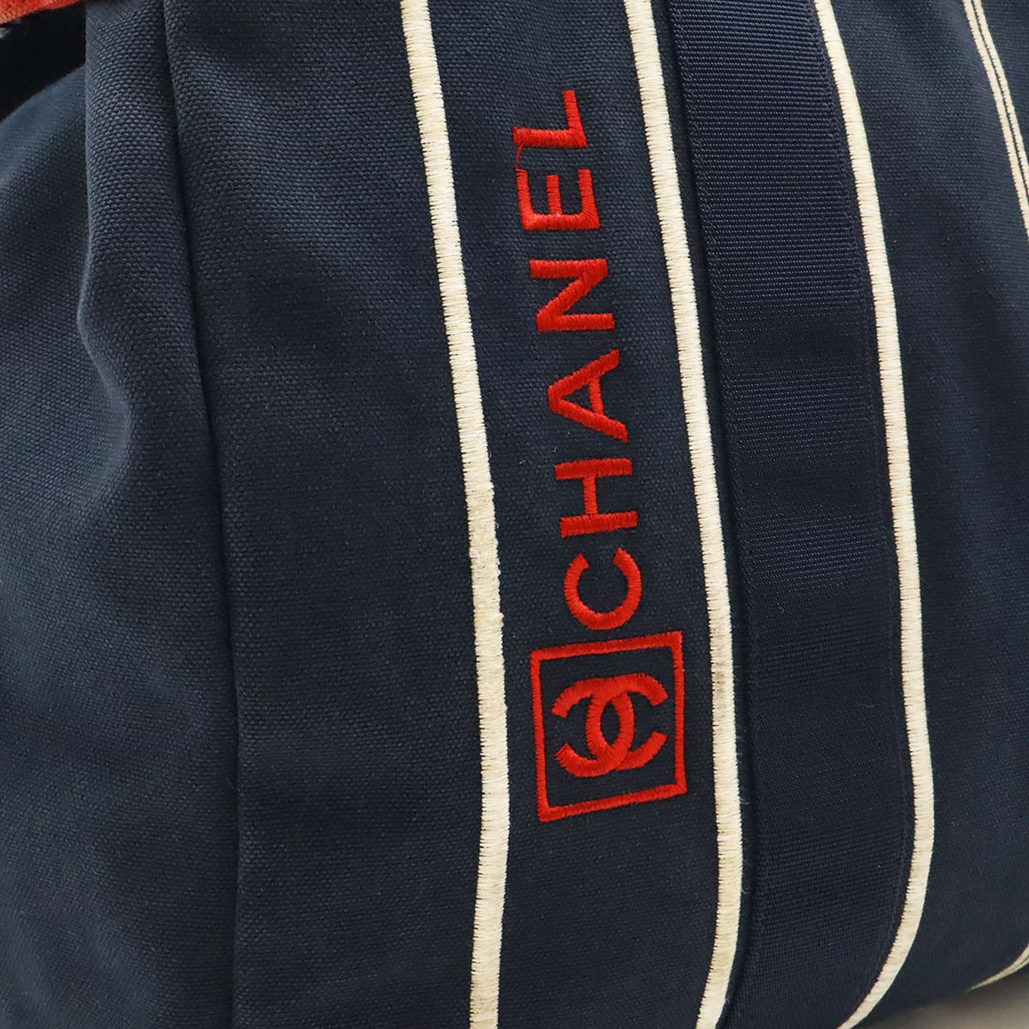 CHANEL Sport Line Stripe Tote Bag Large Shoulder Canvas Navy Blue Red