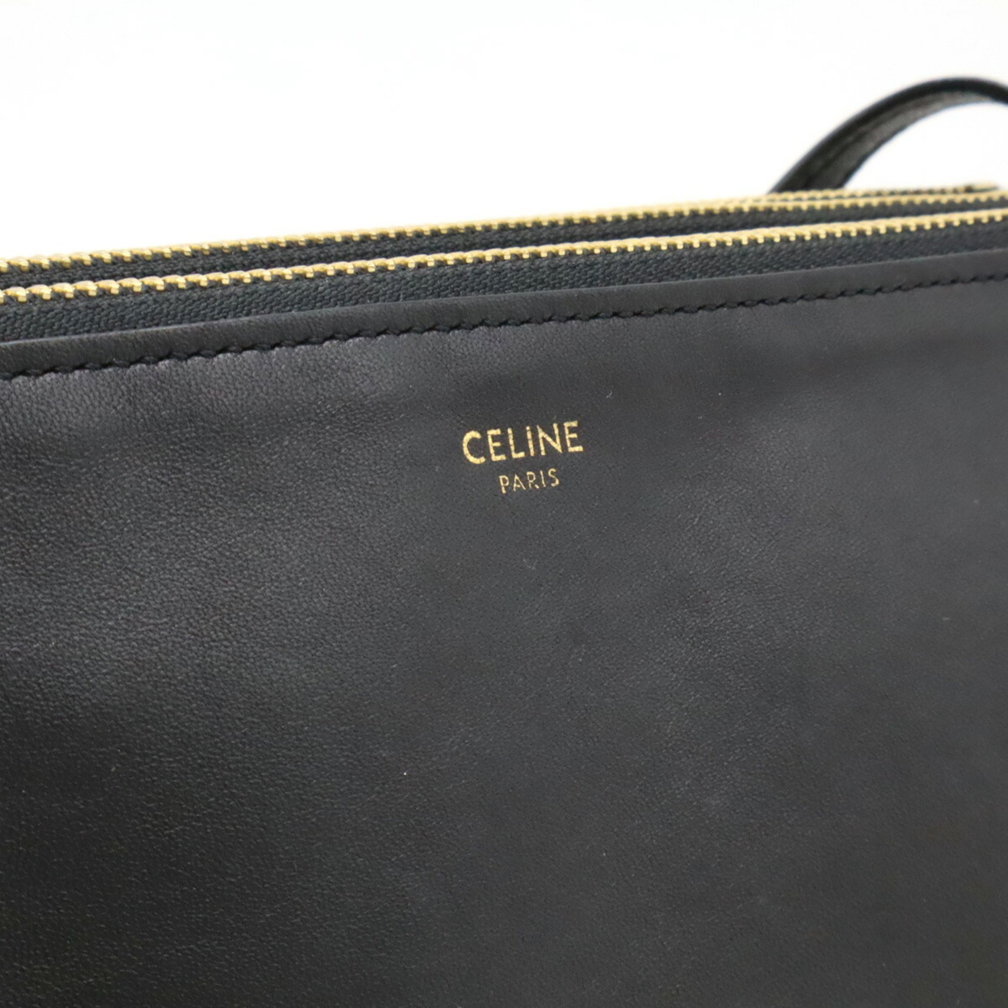 CELINE Trio Large Shoulder Bag Pochette Pouch Lambskin Leather Black New 171453