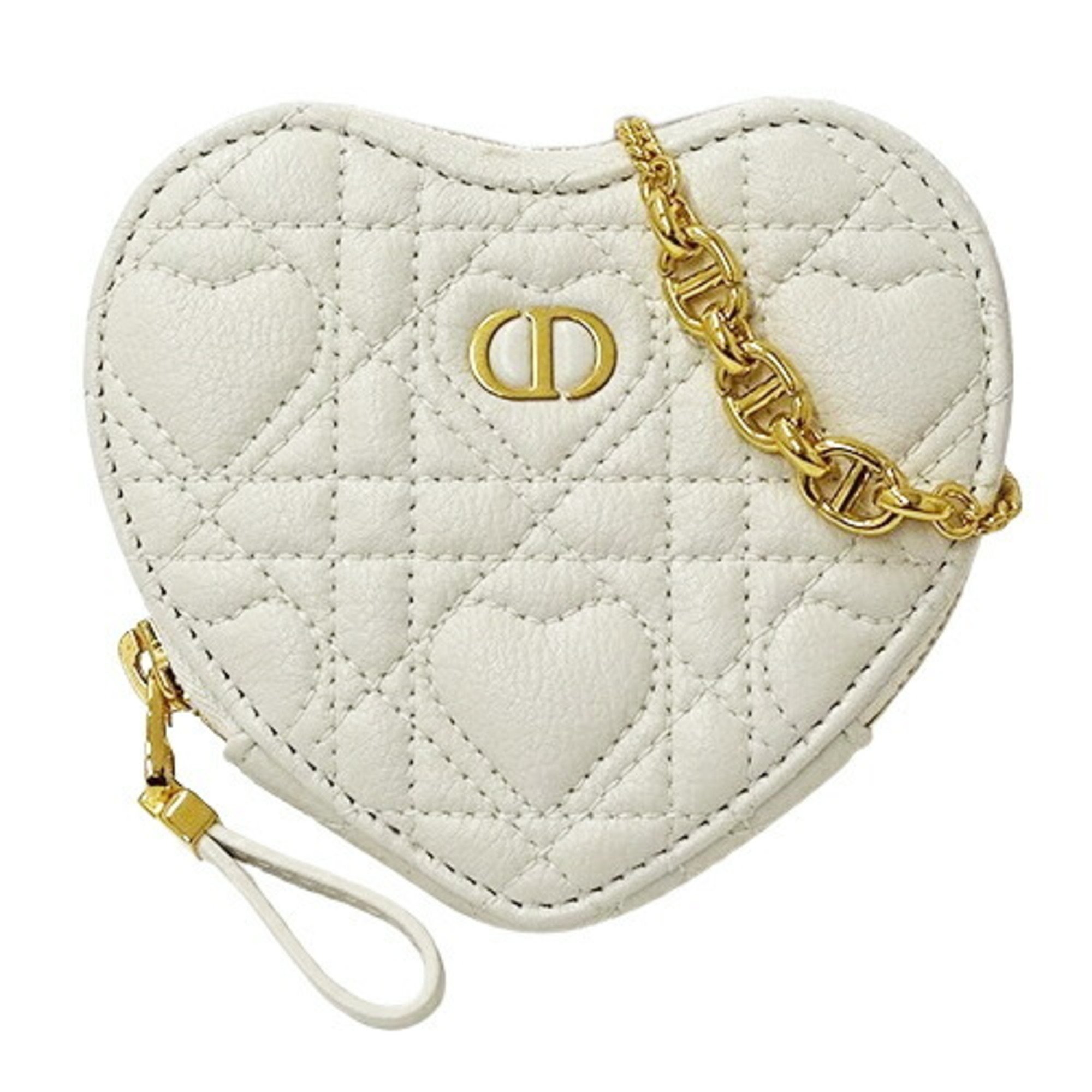 Christian Dior Dior Pouch Women's Shoulder Chain Cannage Caro Leather White Heart