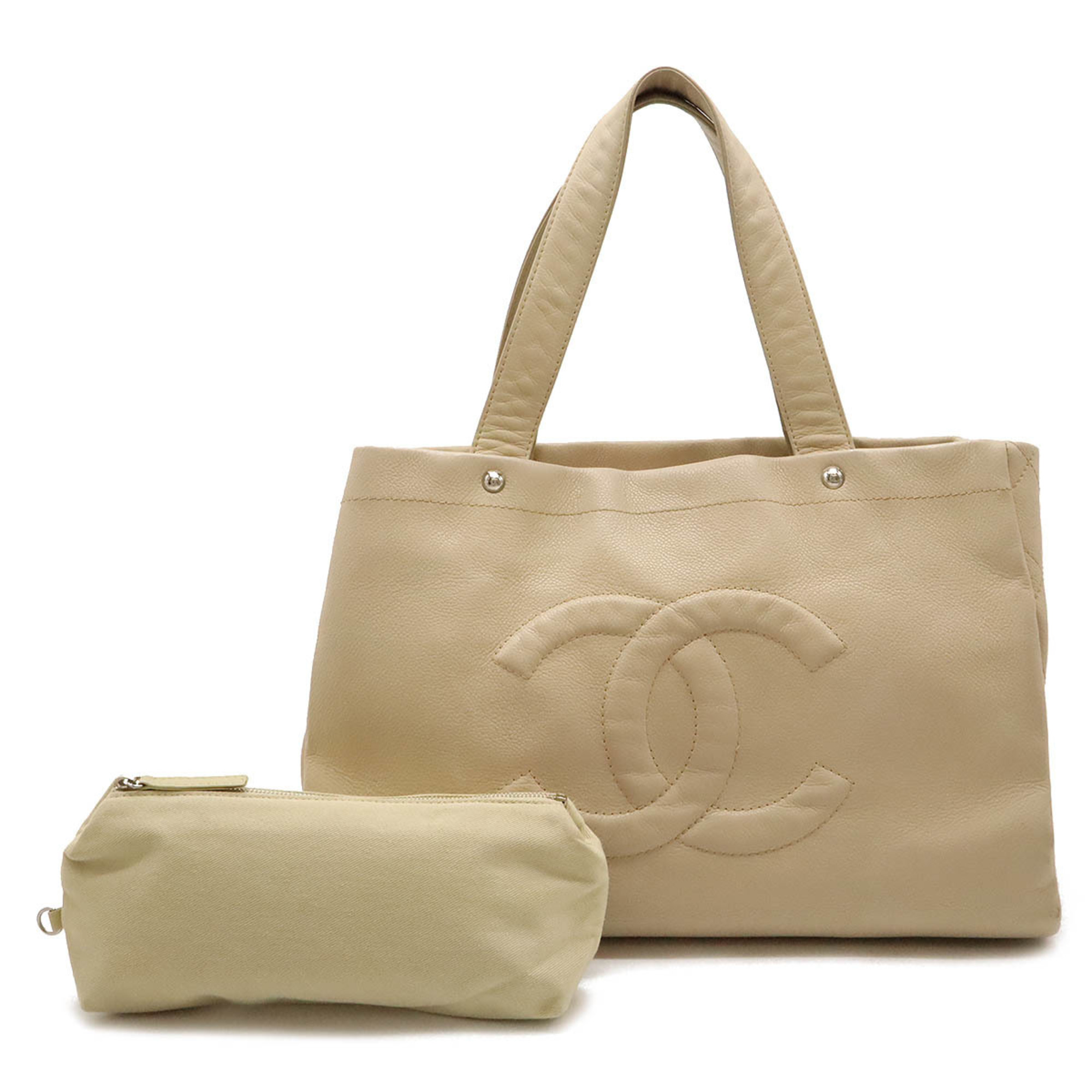 CHANEL Coco Mark Tote Bag Shoulder Caviar Skin Leather Light Beige