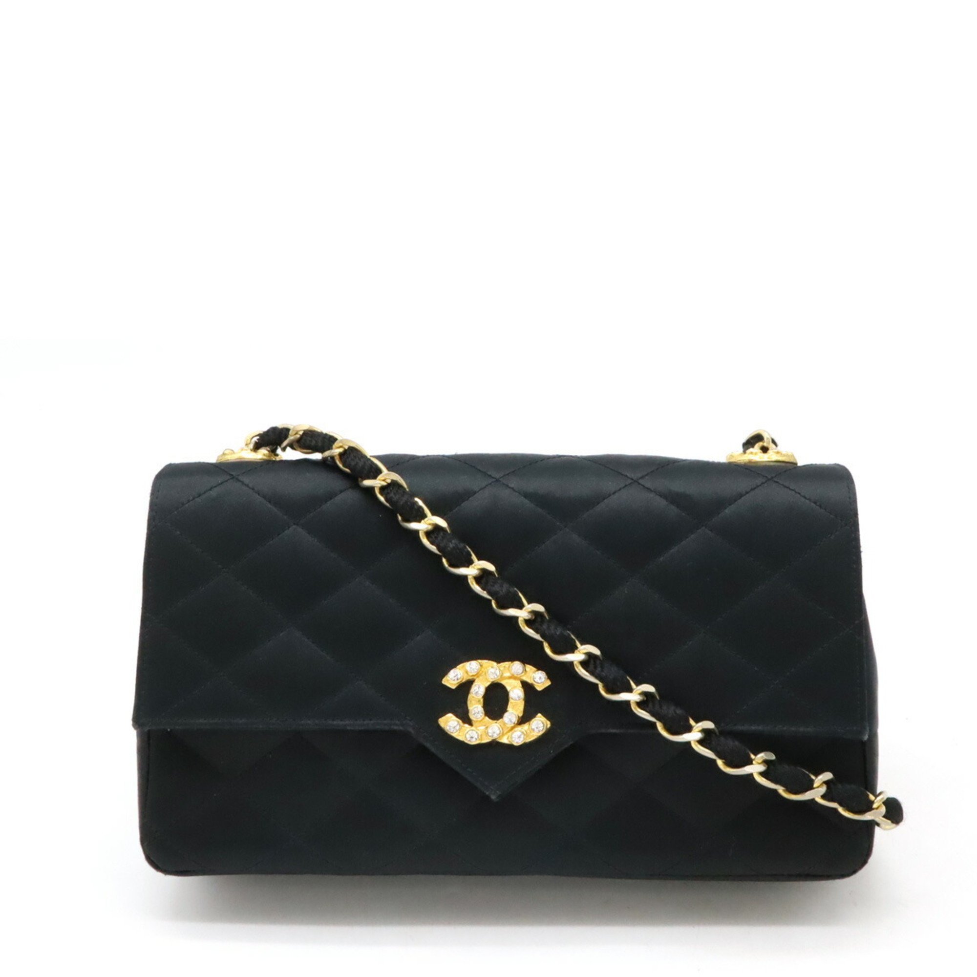 CHANEL Chanel Matelasse Coco Mark Chain Shoulder Bag Satin Rhinestone Bijou Black