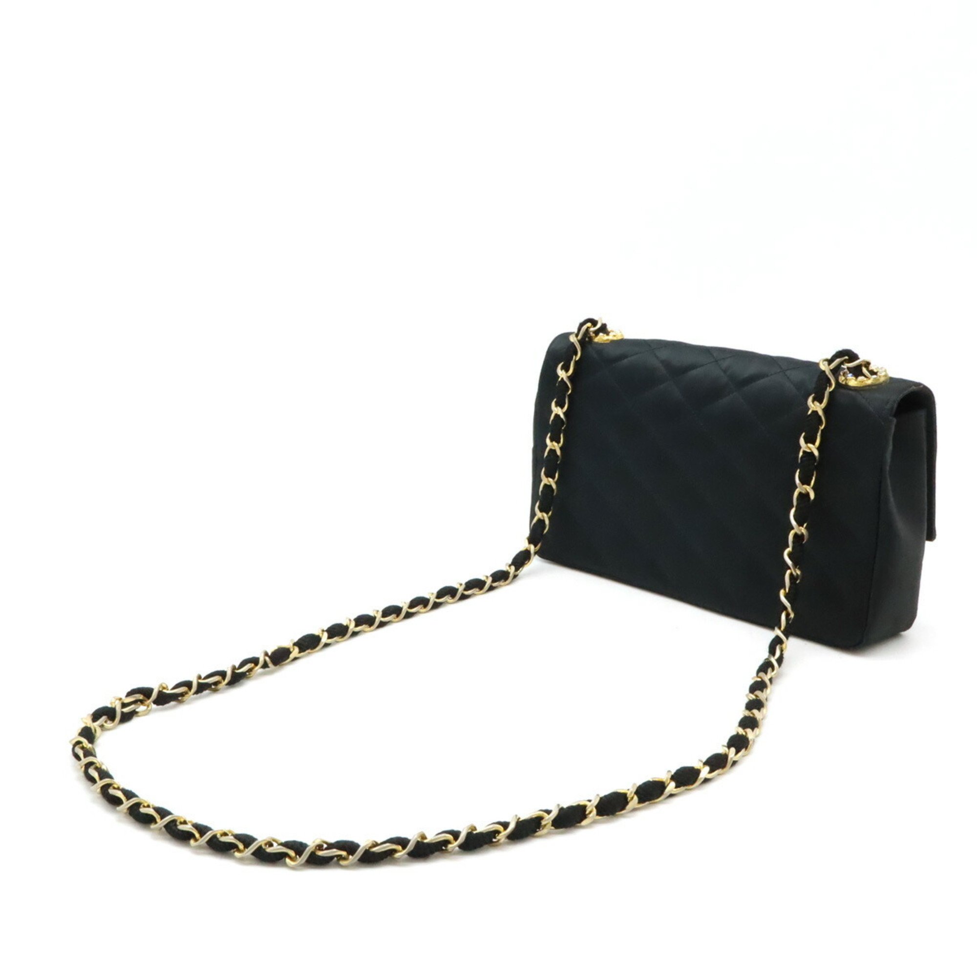 CHANEL Chanel Matelasse Coco Mark Chain Shoulder Bag Satin Rhinestone Bijou Black