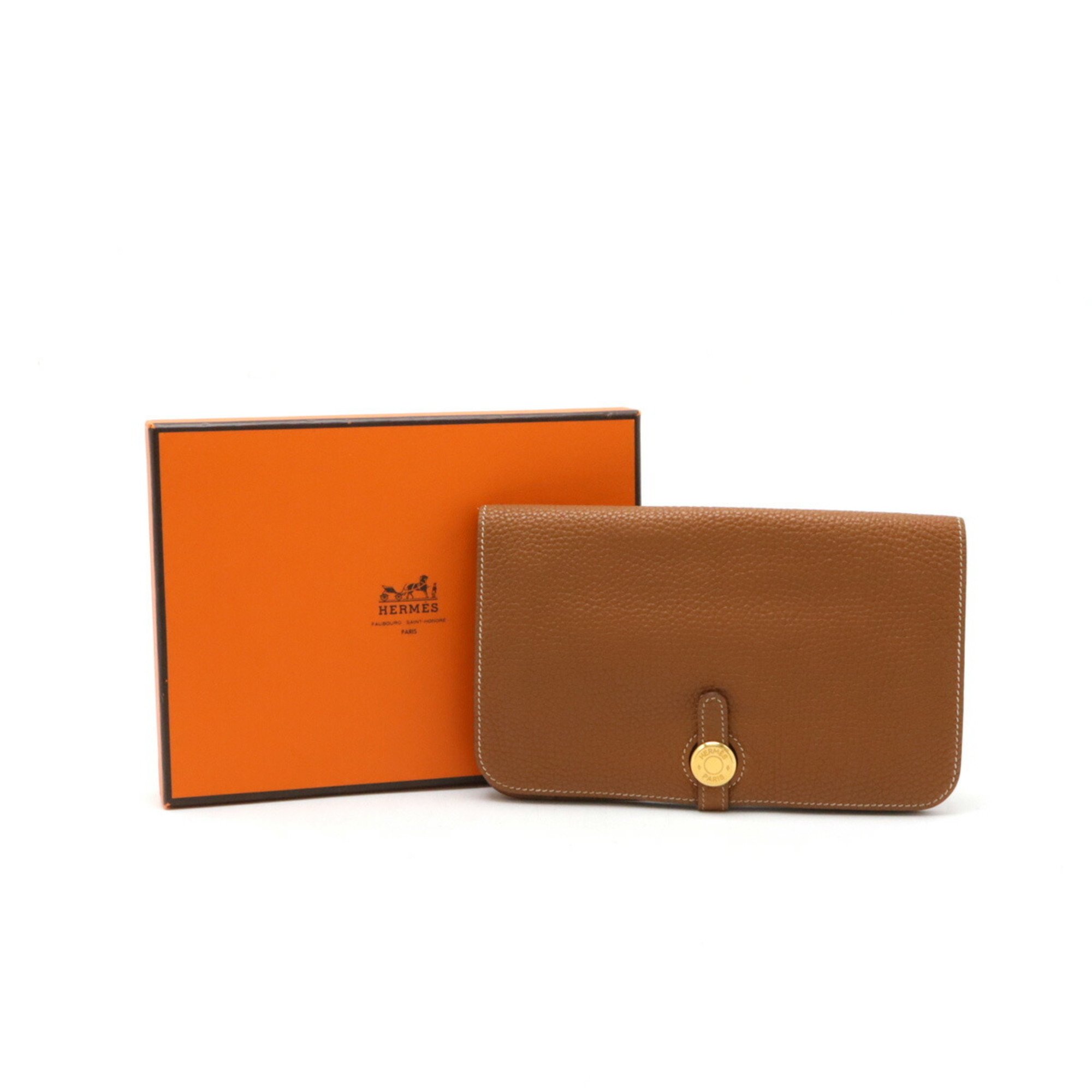 HERMES Dogon Duo GM Bi-fold long wallet Togo leather gold camel coin □I stamp