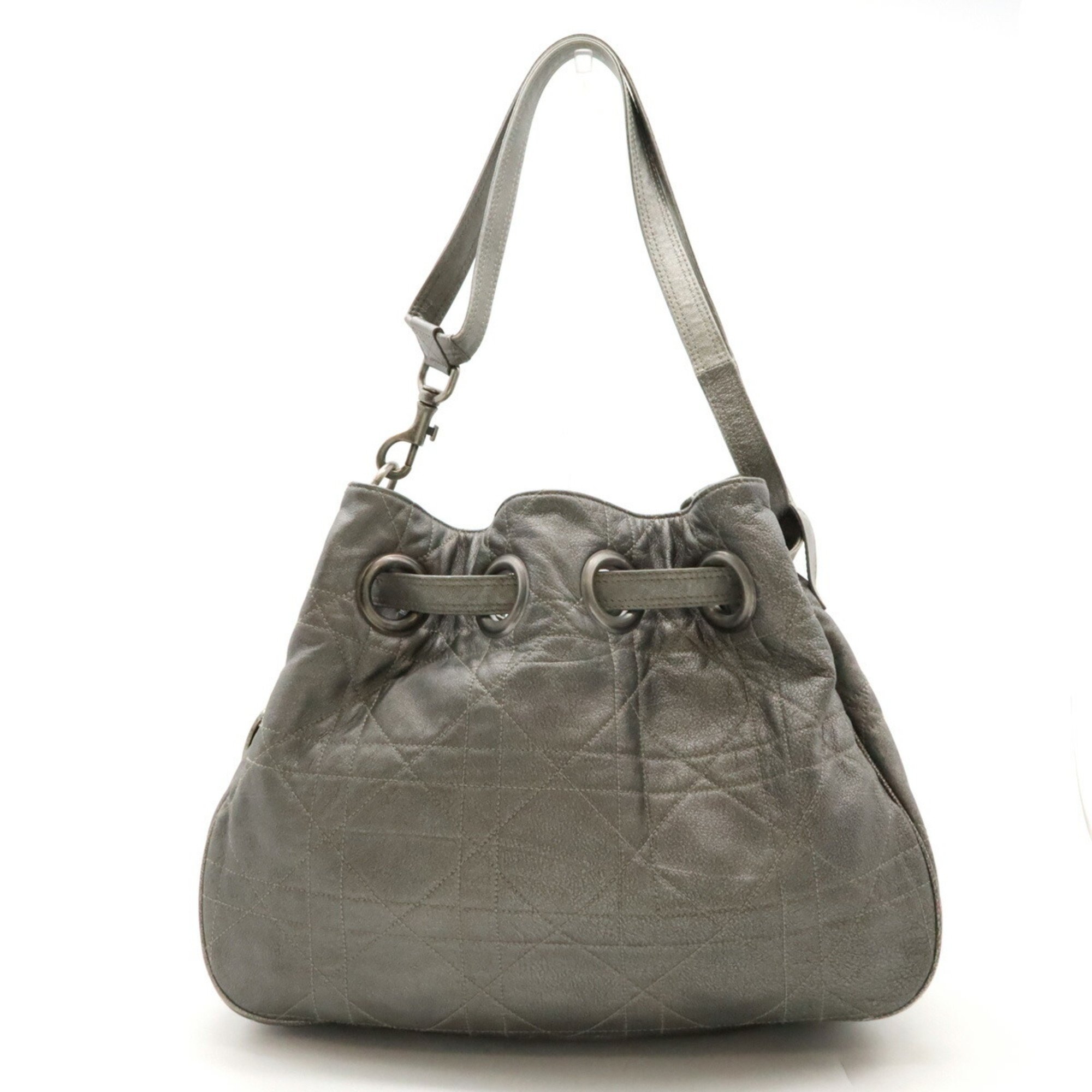 Christian Dior Cannage Tote Bag Shoulder Leather Silver